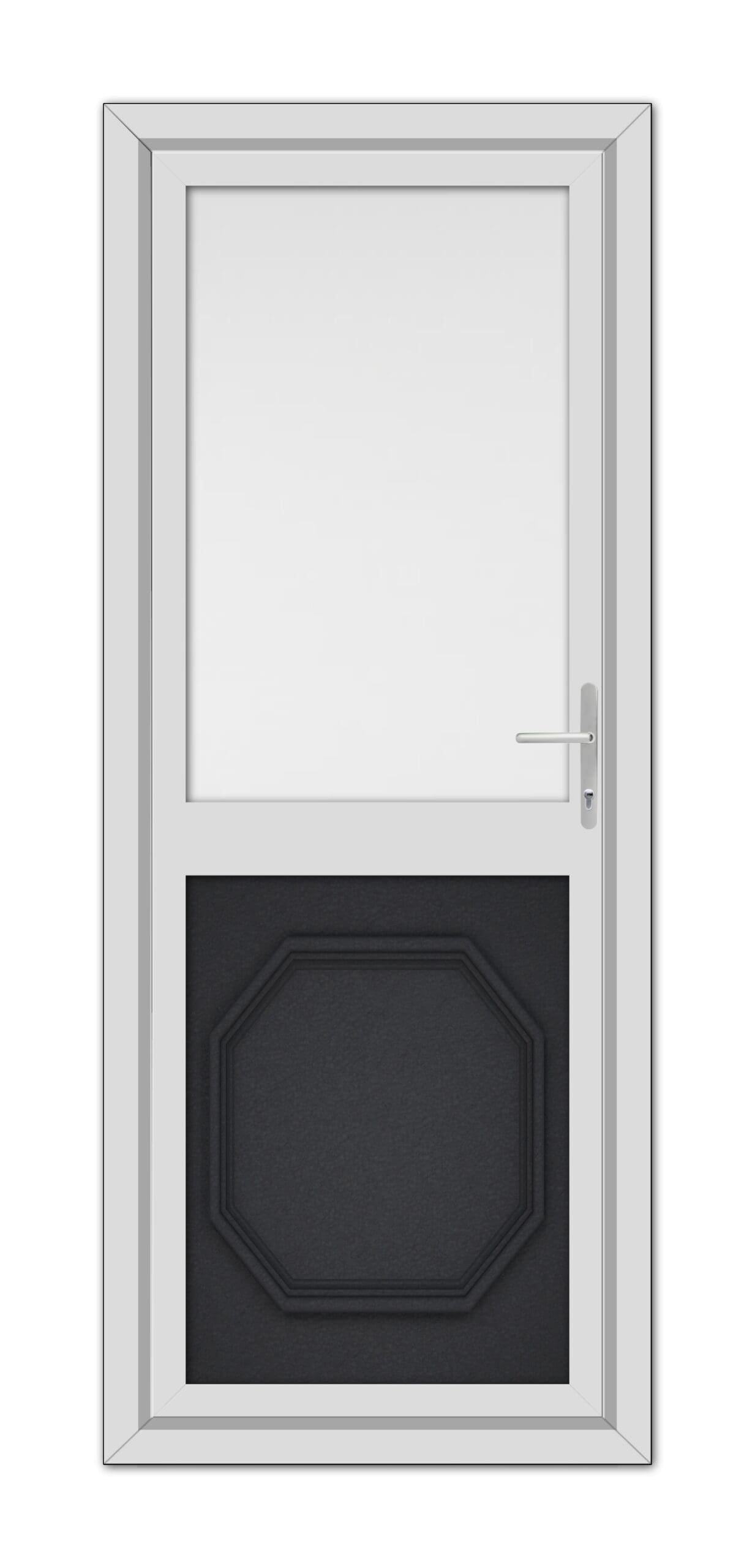 A modern Black Brown Buckingham Half uPVC Back Door featuring a geometric black panel at the bottom and a small square window at the top, with a silver handle on the right.