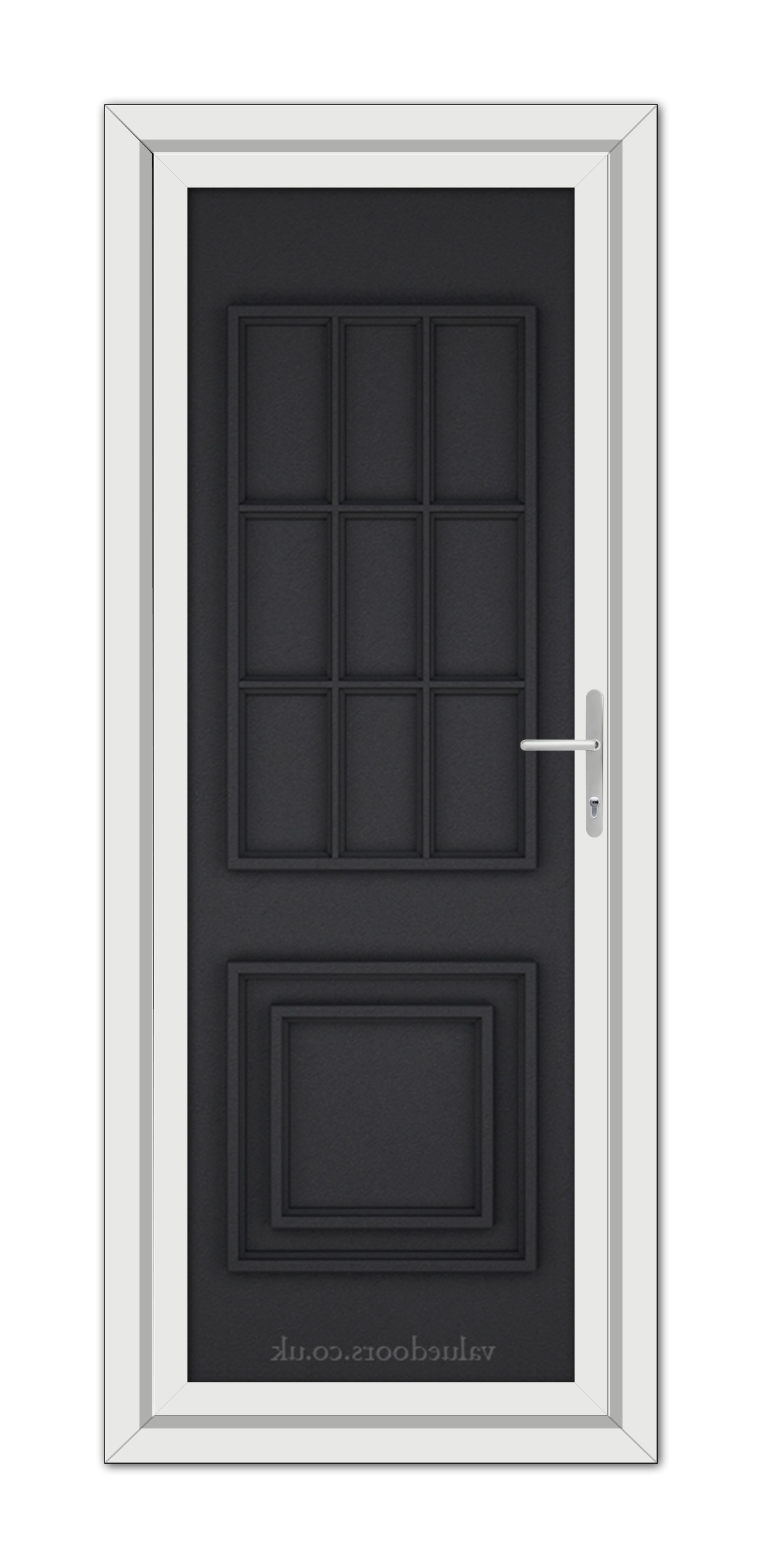 A modern, Black Brown Cambridge One Solid uPVC Door with a metallic handle, framed by a white door frame, viewed from the front.