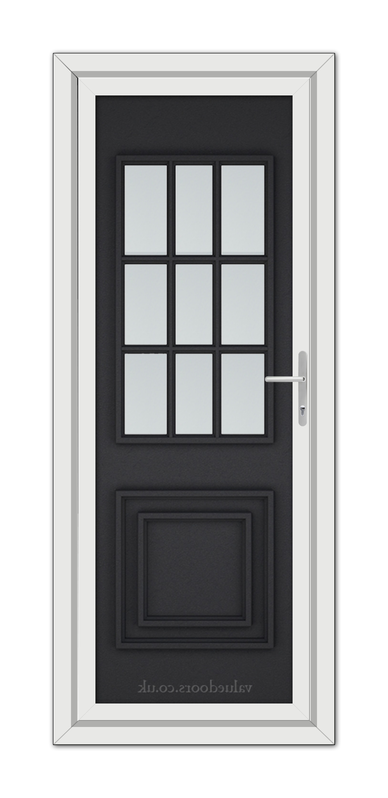 A modern Black Brown Cambridge One uPVC Door with nine glass panels, a metallic handle on the right, and a white frame, isolated on a white background.