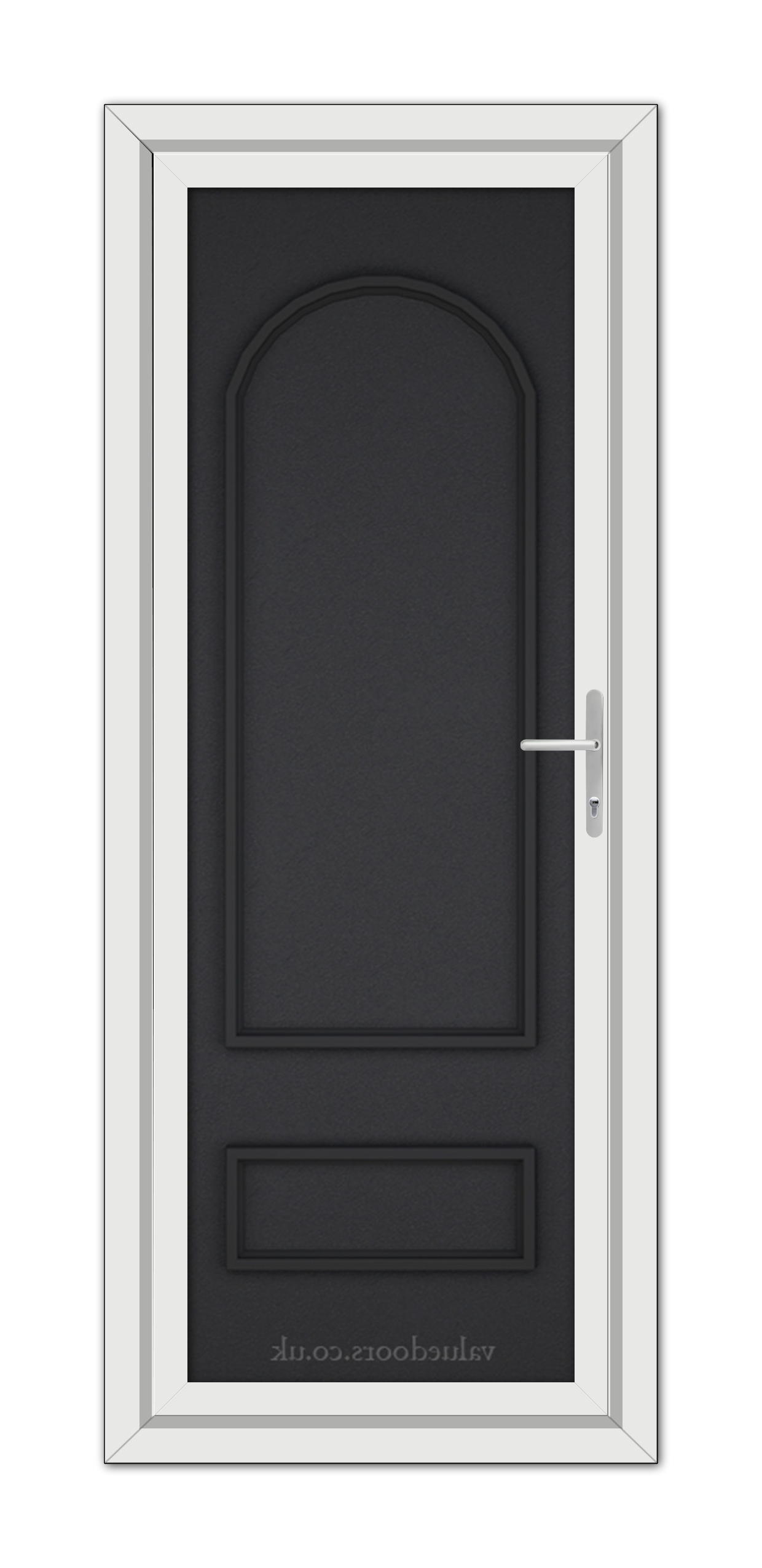 A vertical image of a modern Black Brown Canterbury Solid uPVC Door with a silver handle, framed by a white doorframe.