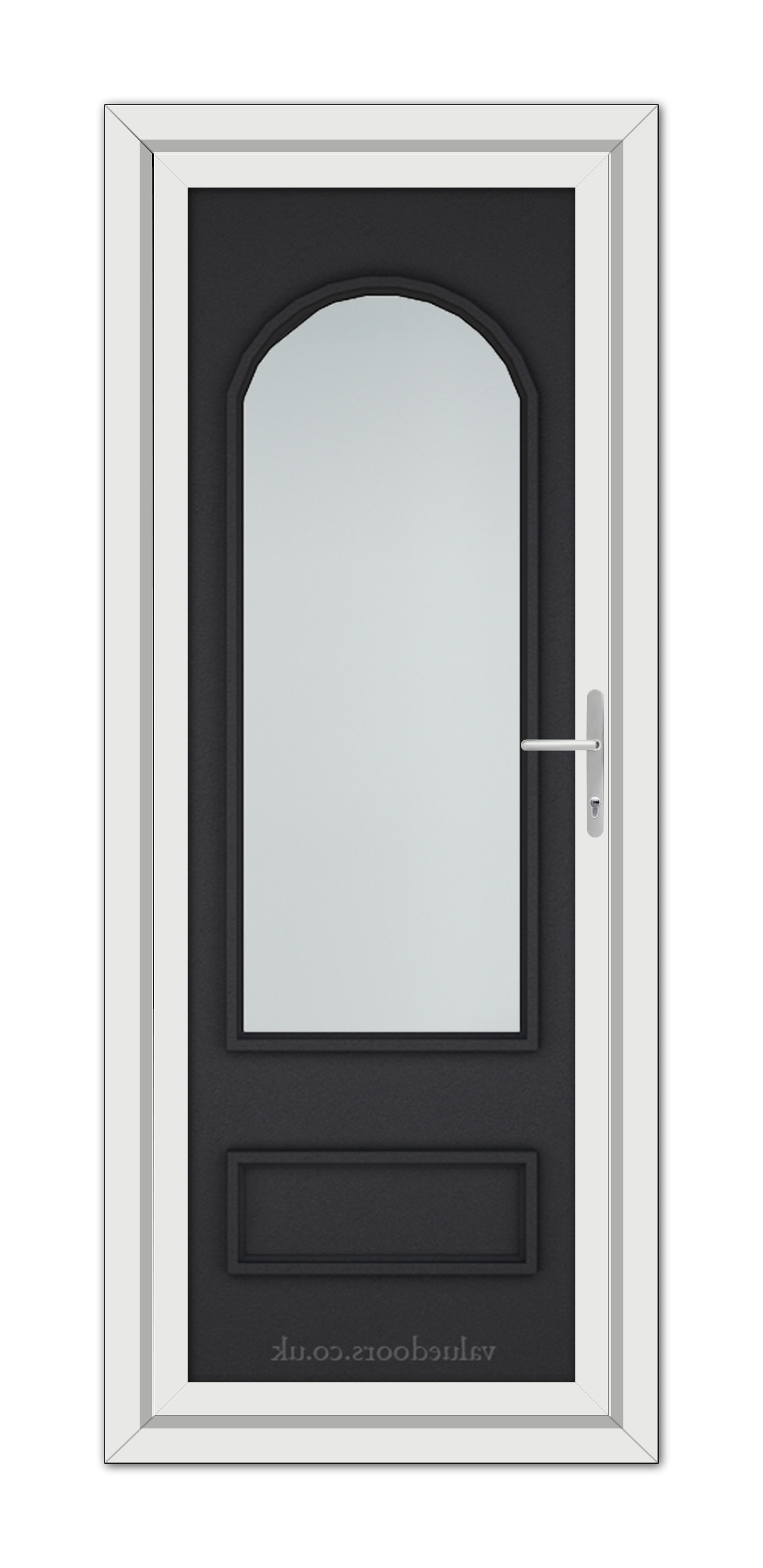 A Black Brown Canterbury uPVC door with a gray panel and an arched, clear glass window at the top, featuring a sleek silver handle on the right.