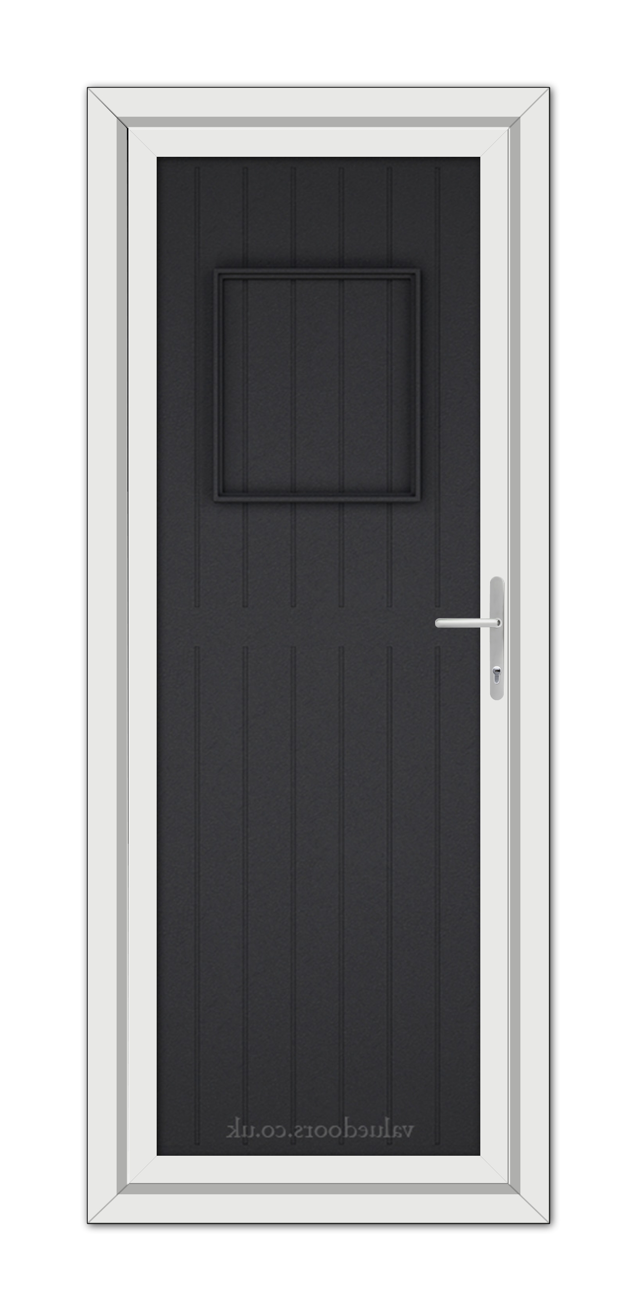 A modern Black Brown Chatsworth Solid uPVC Door with a vertical window at the top, set in a white frame, featuring a stainless steel handle on the right side.