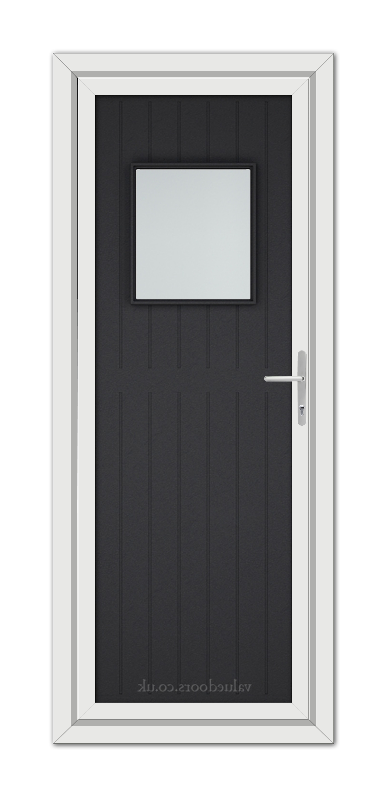 A modern Black Brown Chatsworth uPVC Door with a vertical window and white frame, featuring a metallic handle on the right side.