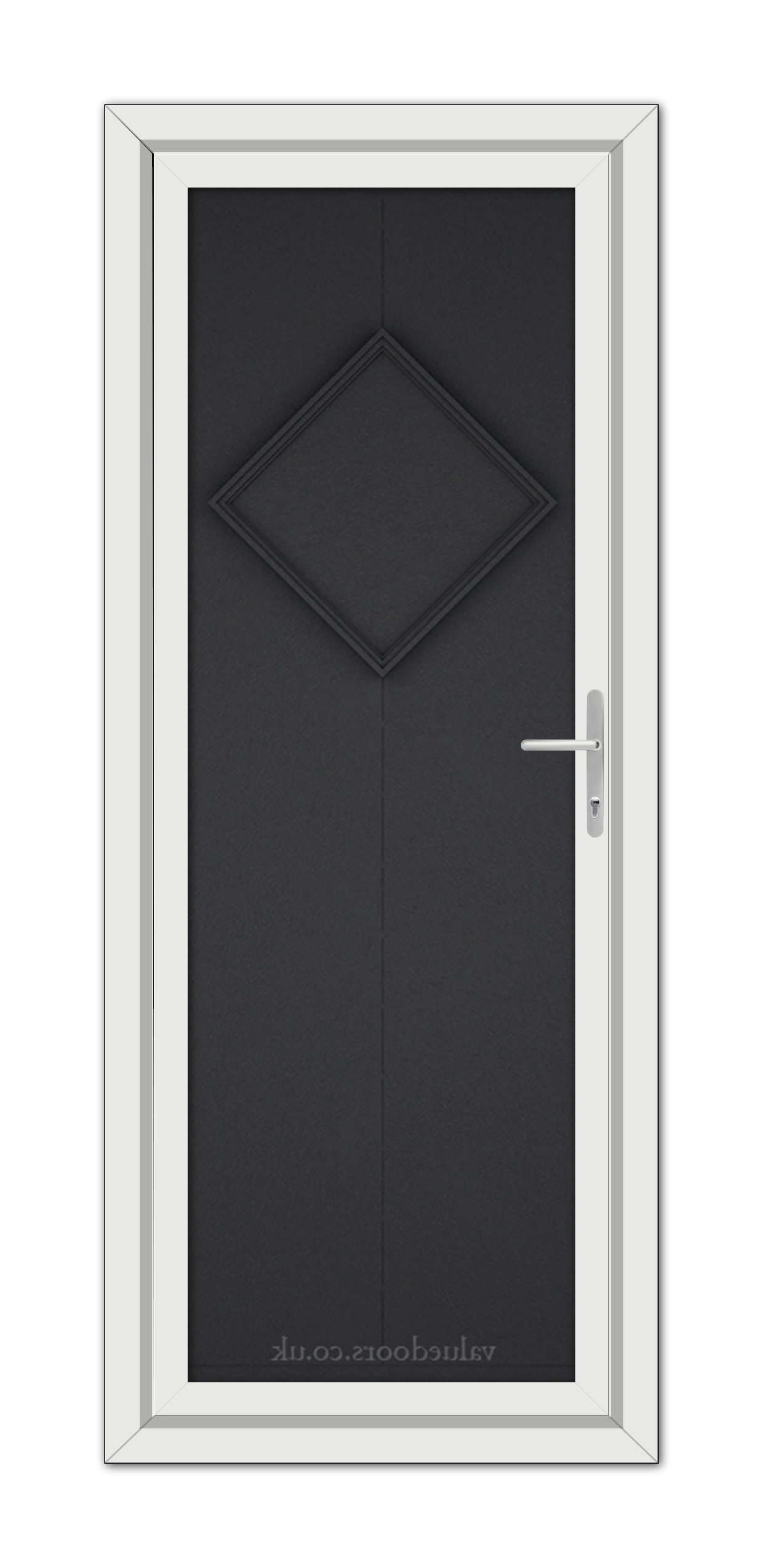 Modern Black Brown Hamburg Solid uPVC Door with a diamond pattern and a white frame, featuring a metallic handle on the right side.