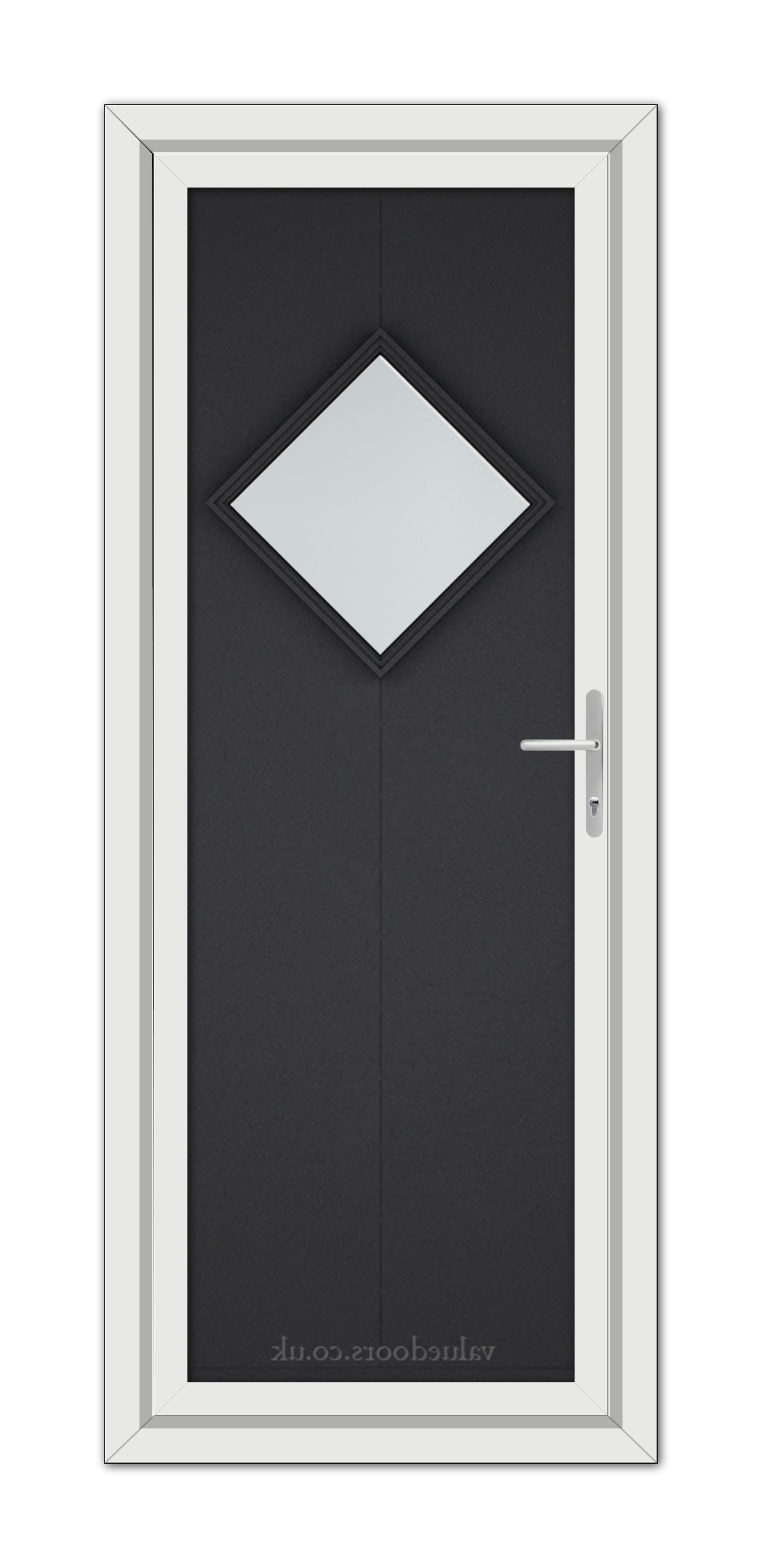 A modern Black Brown Hamburg uPVC Door framed in white, featuring a rhombus-shaped window and a silver handle, set against a simple background.