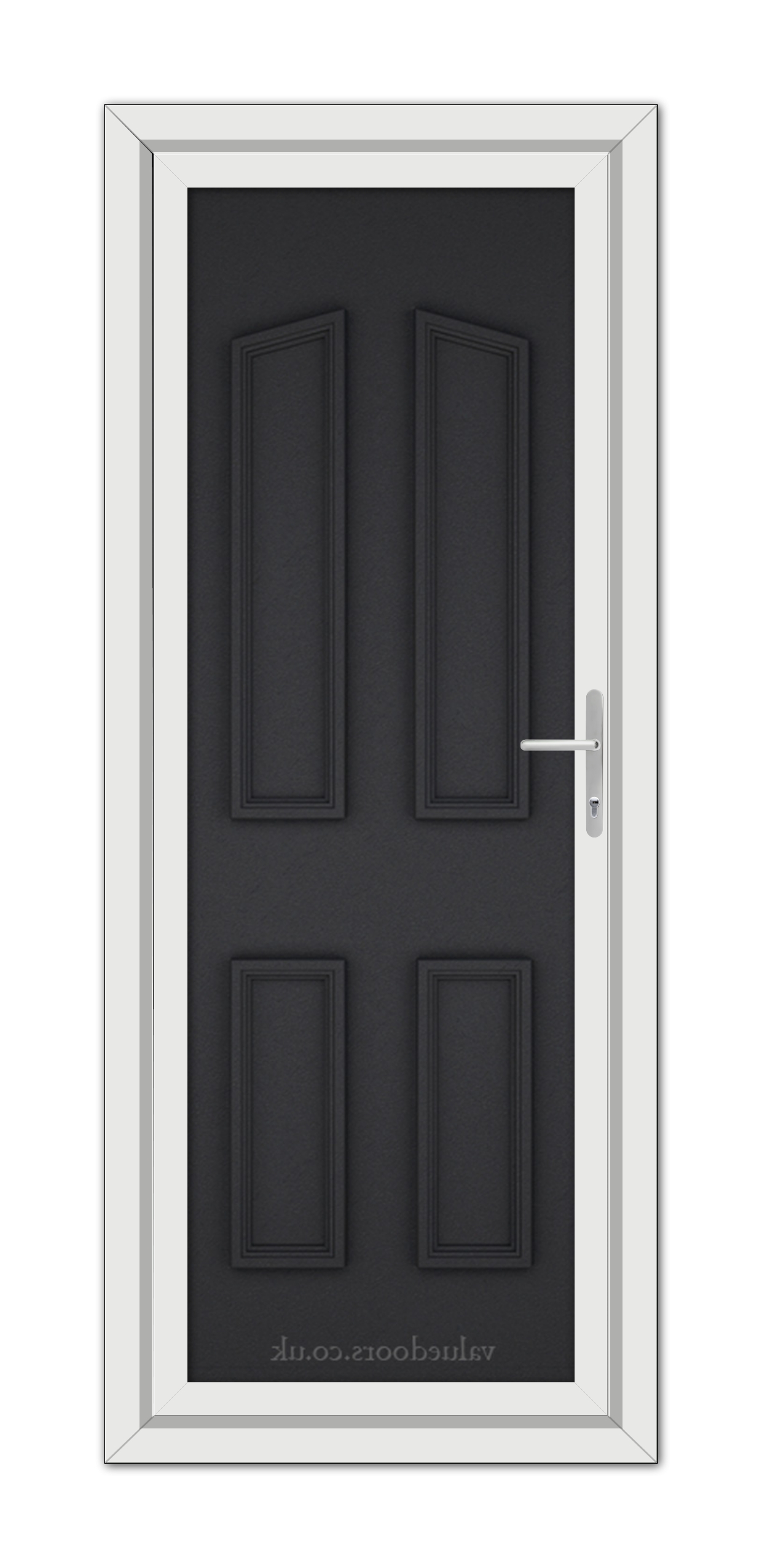 A vertical image of a modern Black Brown Kensington Solid uPVC Door with a white frame, featuring a silver handle on the right side.
