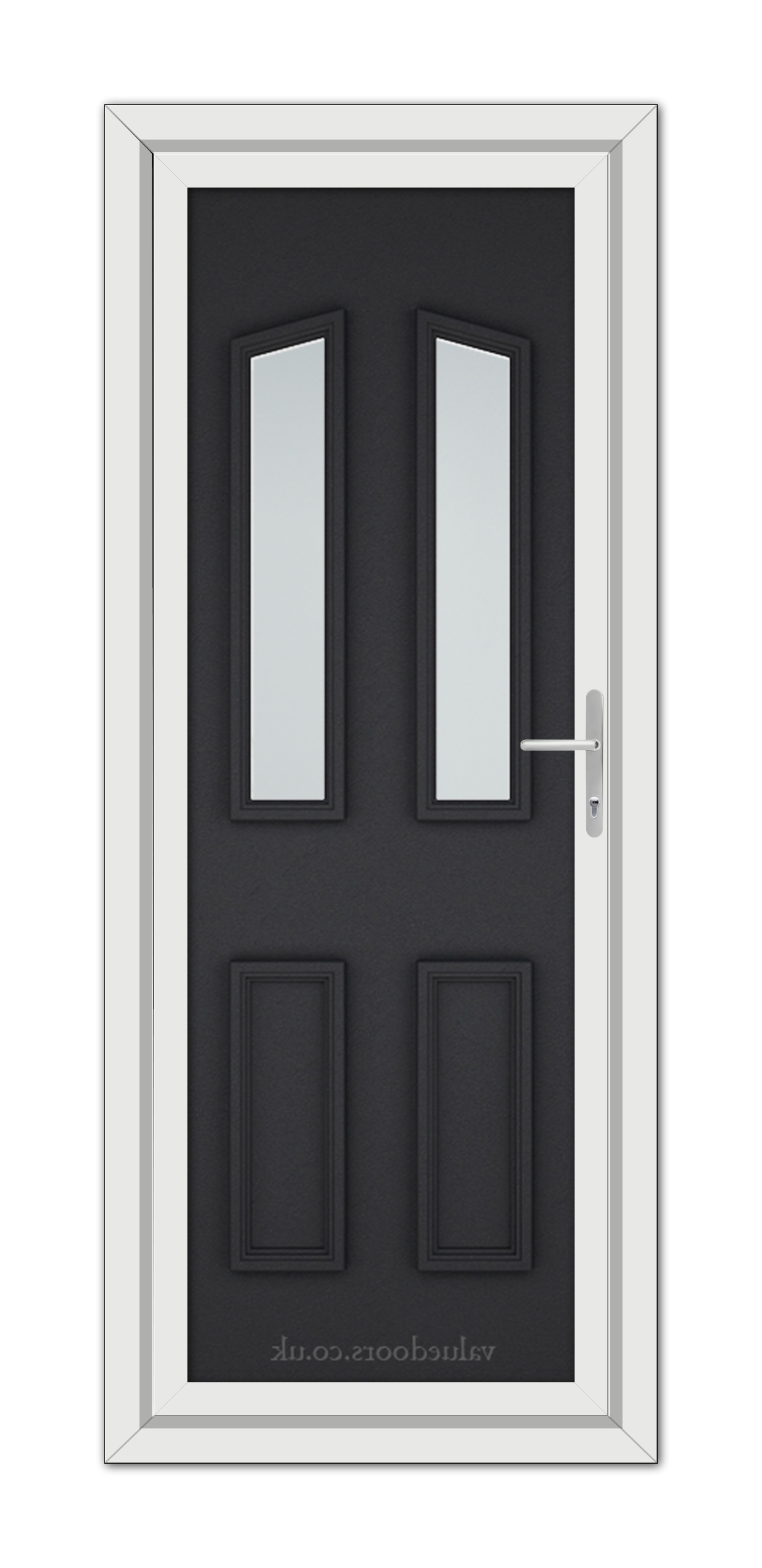 Modern black brown Kensington uPVC front door with two vertical glass panels and a silver handle, surrounded by a white frame.
