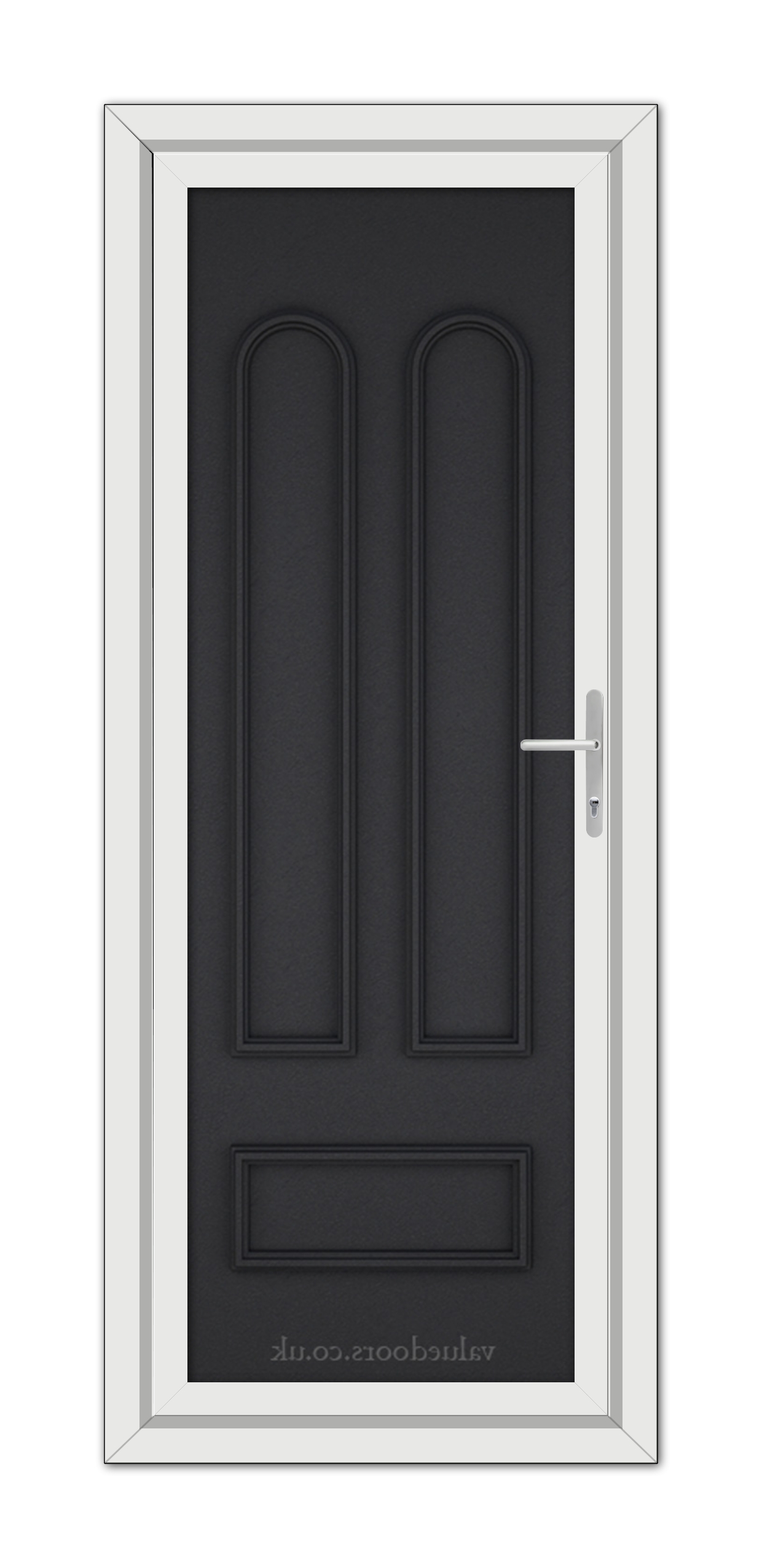 A vertical image of a Black Brown Madrid Solid uPVC Door with two elongated panels, a metallic handle on the right, framed by a white door frame.