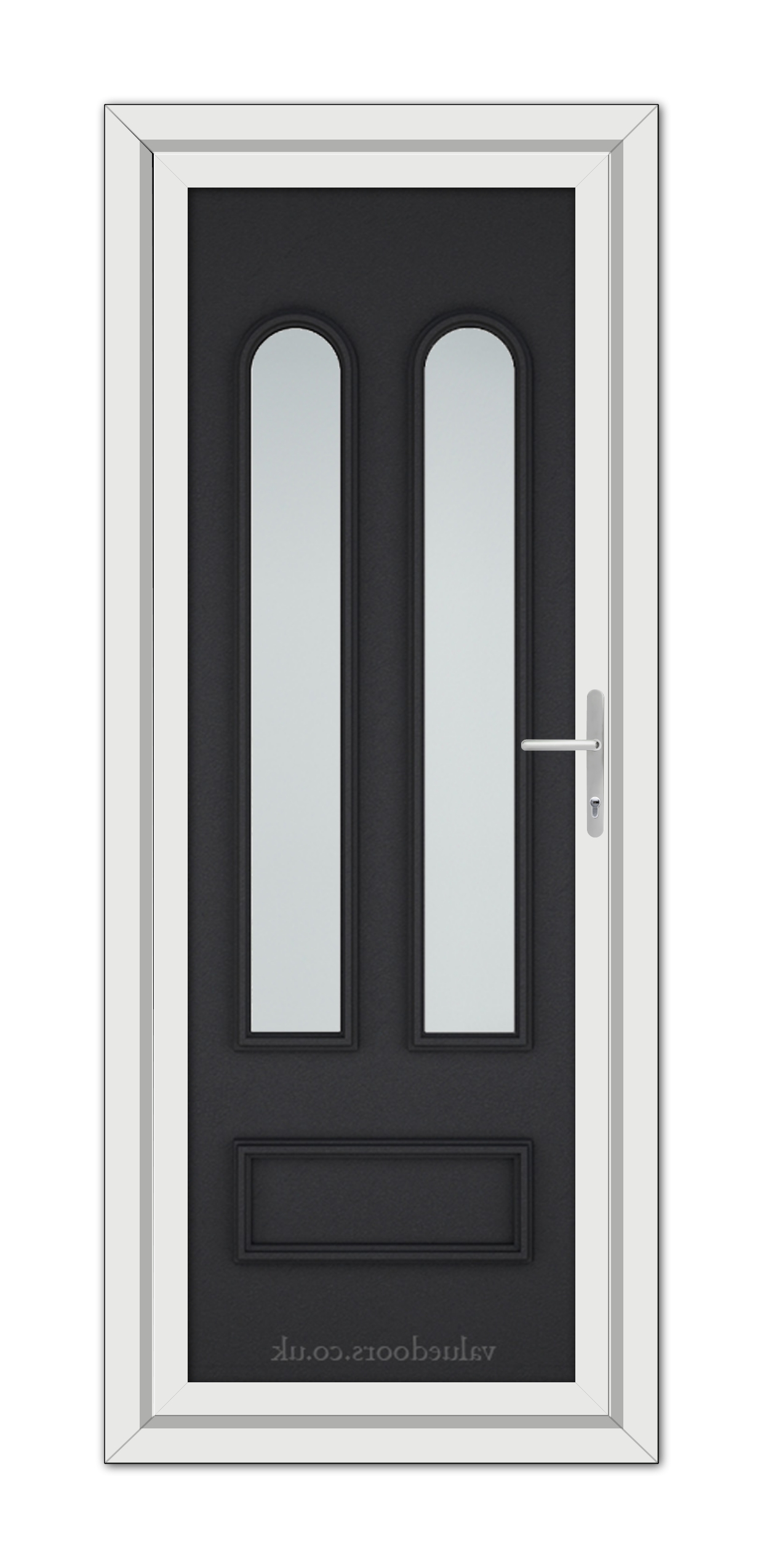 Vertical image of a Black Brown Madrid uPVC Door, featuring a dark gray color with two slim, vertical frosted glass panels and a metal handle, framed by a white door frame.