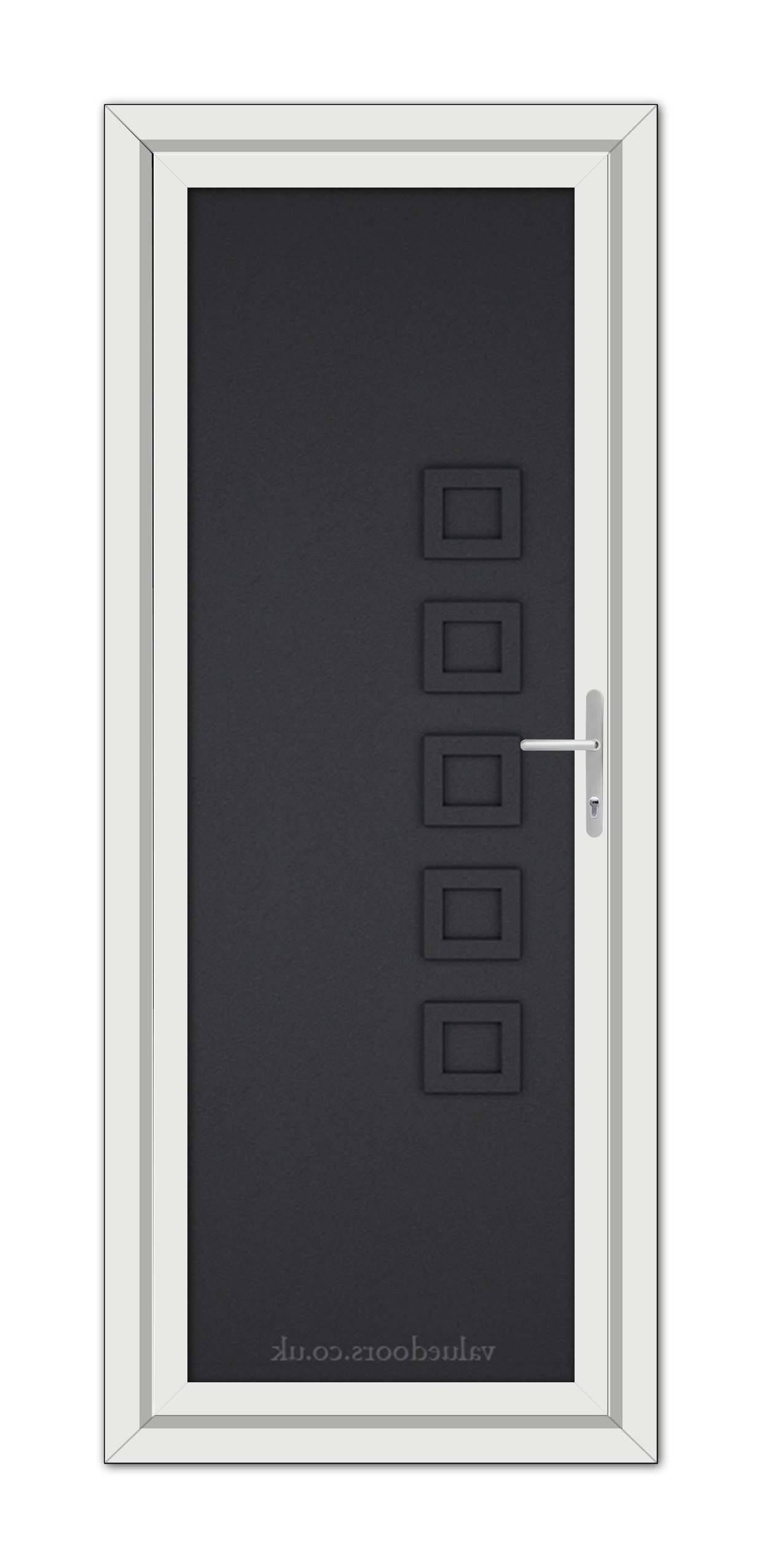 A modern, vertical Black Brown Malaga Solid uPVC door with a dark panel featuring five square windows arranged linearly and a metallic handle on the right.