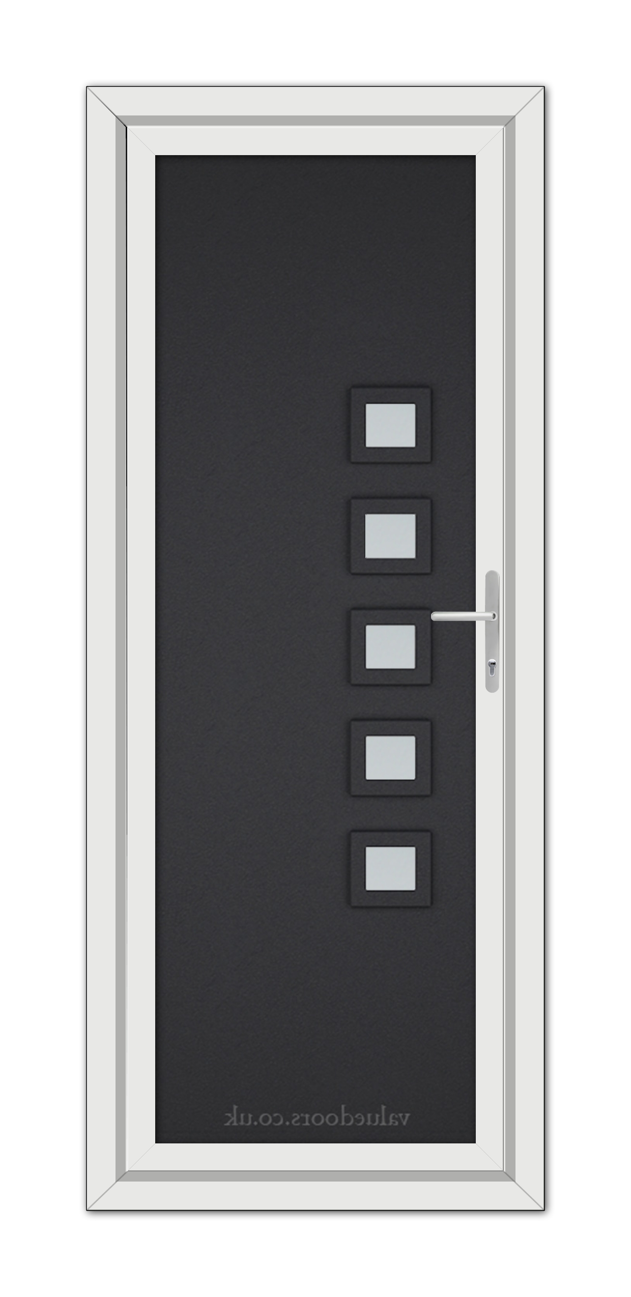 A modern Black Brown Malaga uPVC door with a dark gray surface, featuring six small rectangular windows and a metal handle, set in a white frame.