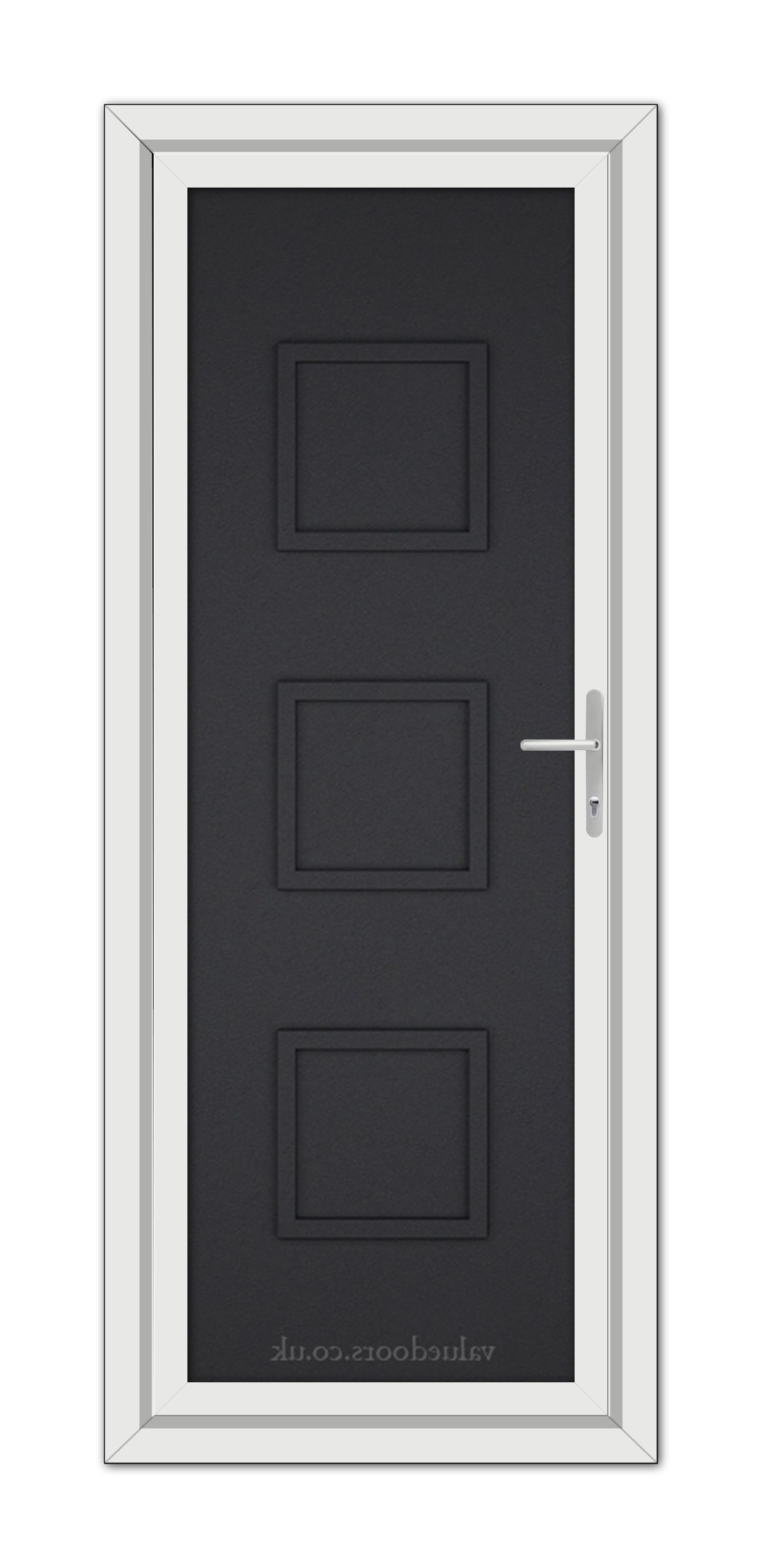 A vertical image of a Black Brown Modern 5013 Solid uPVC door with three recessed panels and a silver handle, framed in a white door frame.