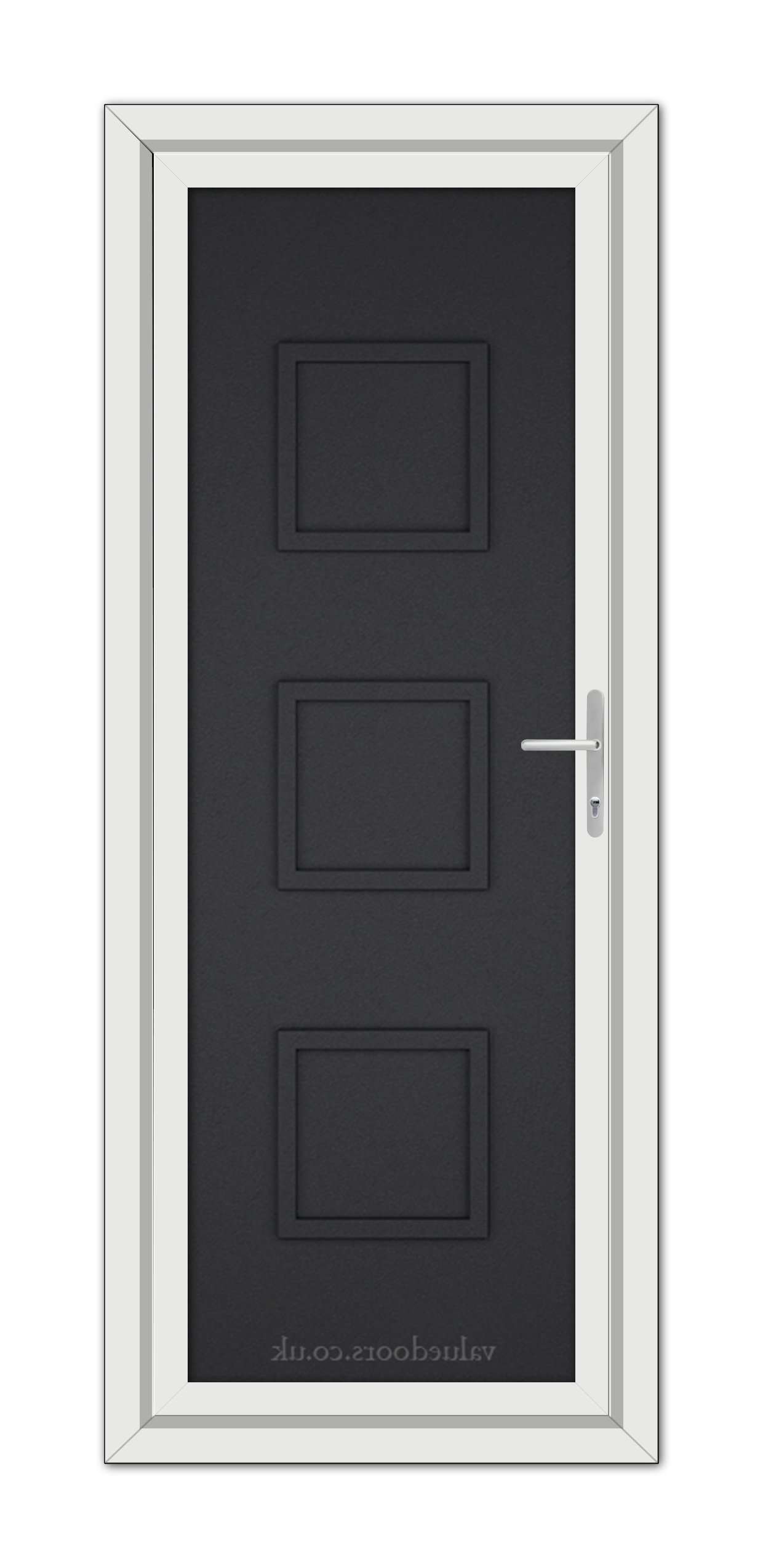 A vertical image of a Black Brown Modern 5013 Solid uPVC door with three recessed panels and a silver handle, framed in a white door frame.