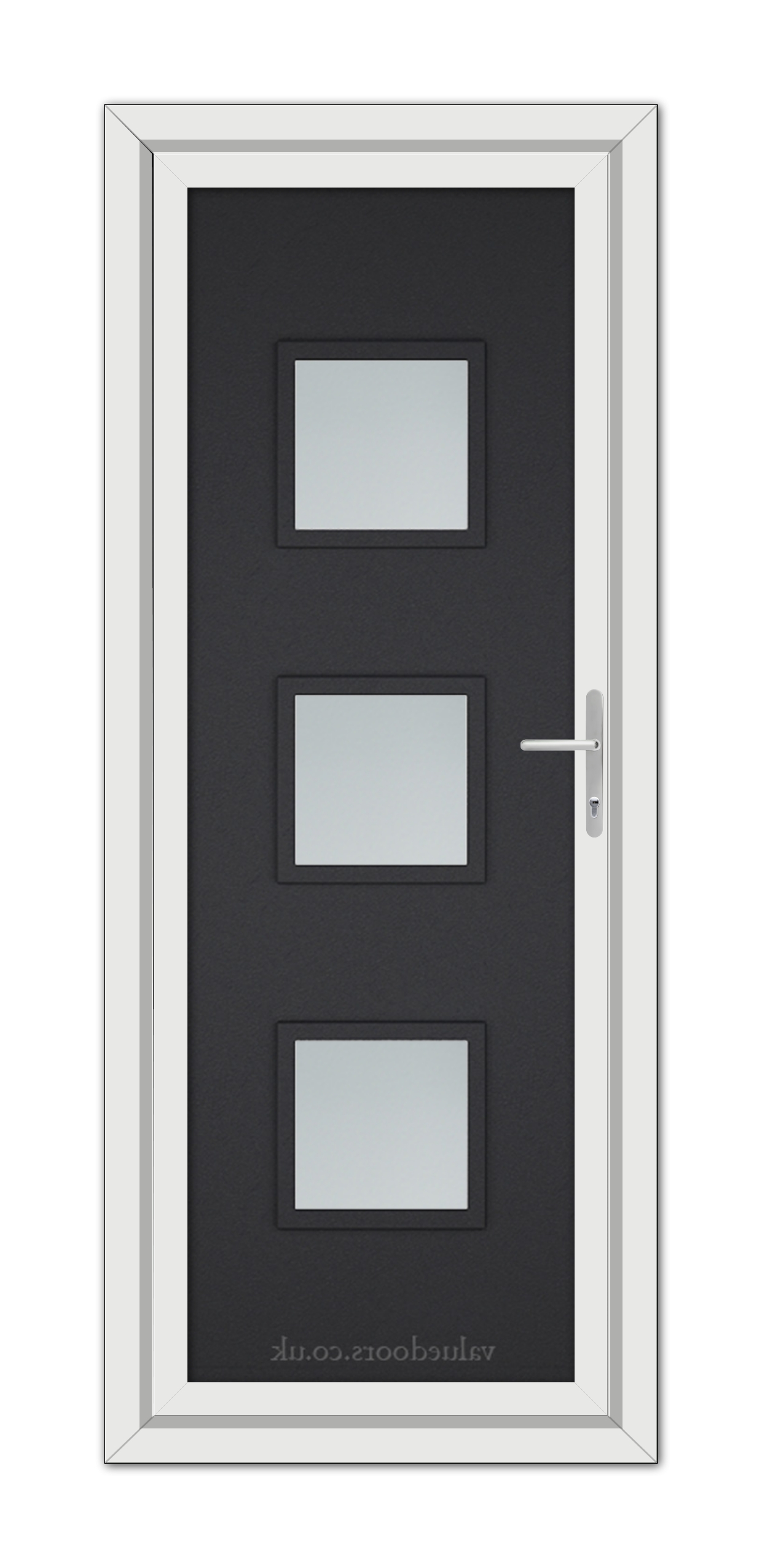 A Black Brown Modern 5013 uPVC Door with three vertical frosted glass panels and a metallic handle, set within a white frame.