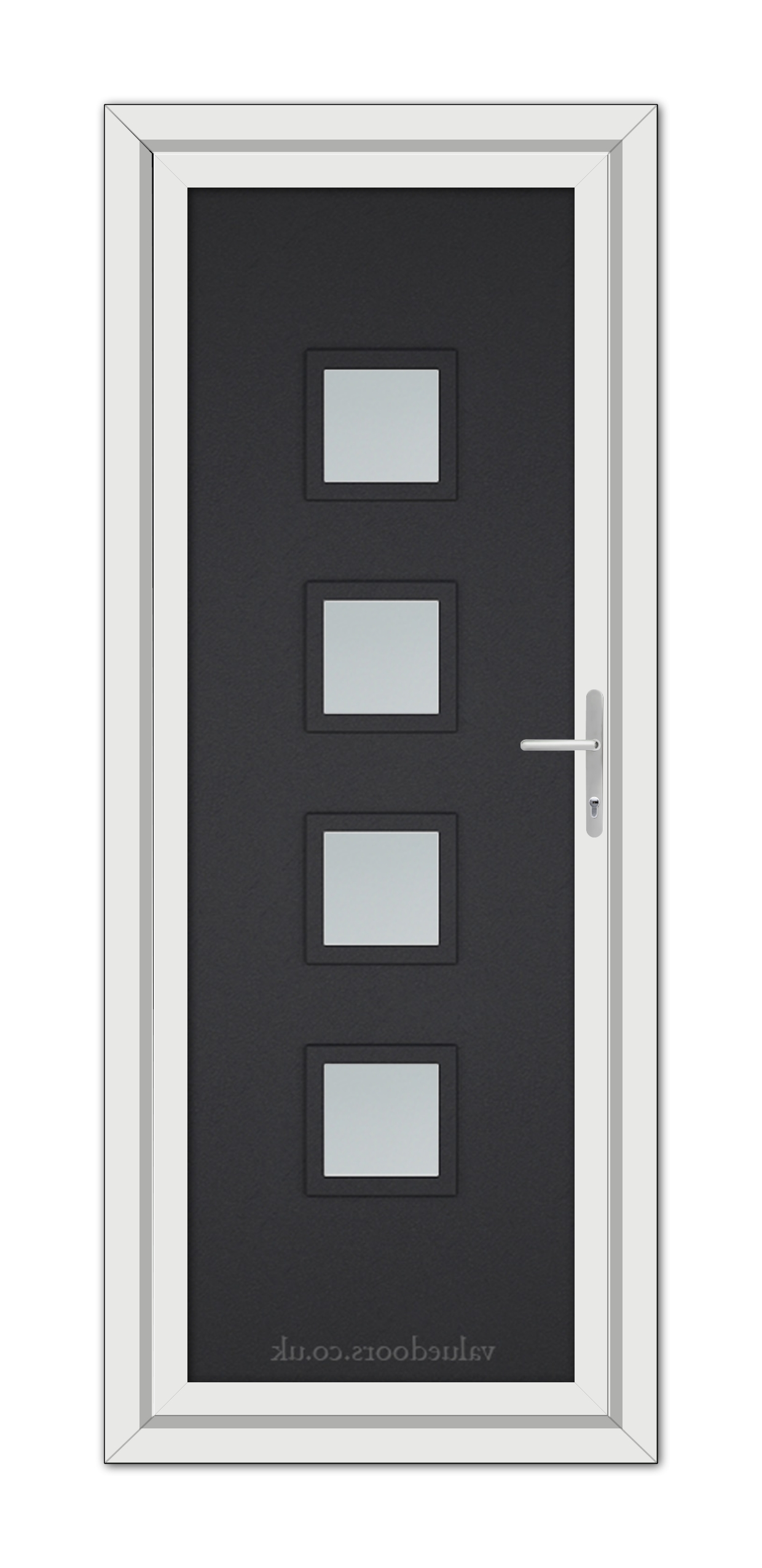A modern Black Brown Modern 5034 uPVC door with a vertical arrangement of five frosted glass panels, a metallic handle, and a white frame.