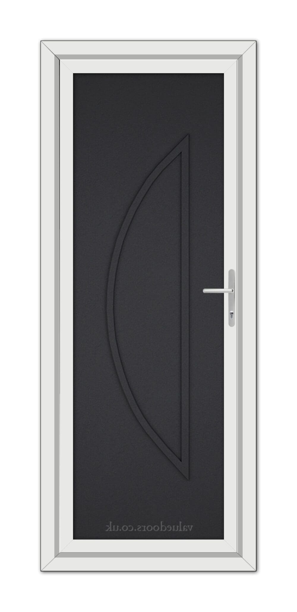 A Black Brown Modern 5051 Solid uPVC Door with a curved relief design, framed in white and equipped with a silver handle, viewed from the front.