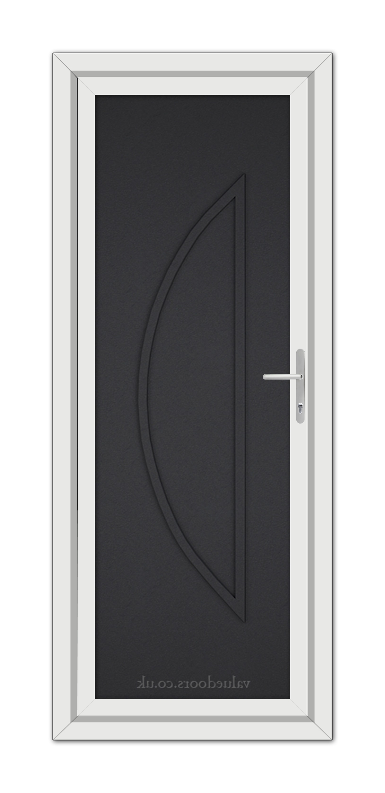 A Black Brown Modern 5051 Solid uPVC Door with a curved relief design, framed in white and equipped with a silver handle, viewed from the front.