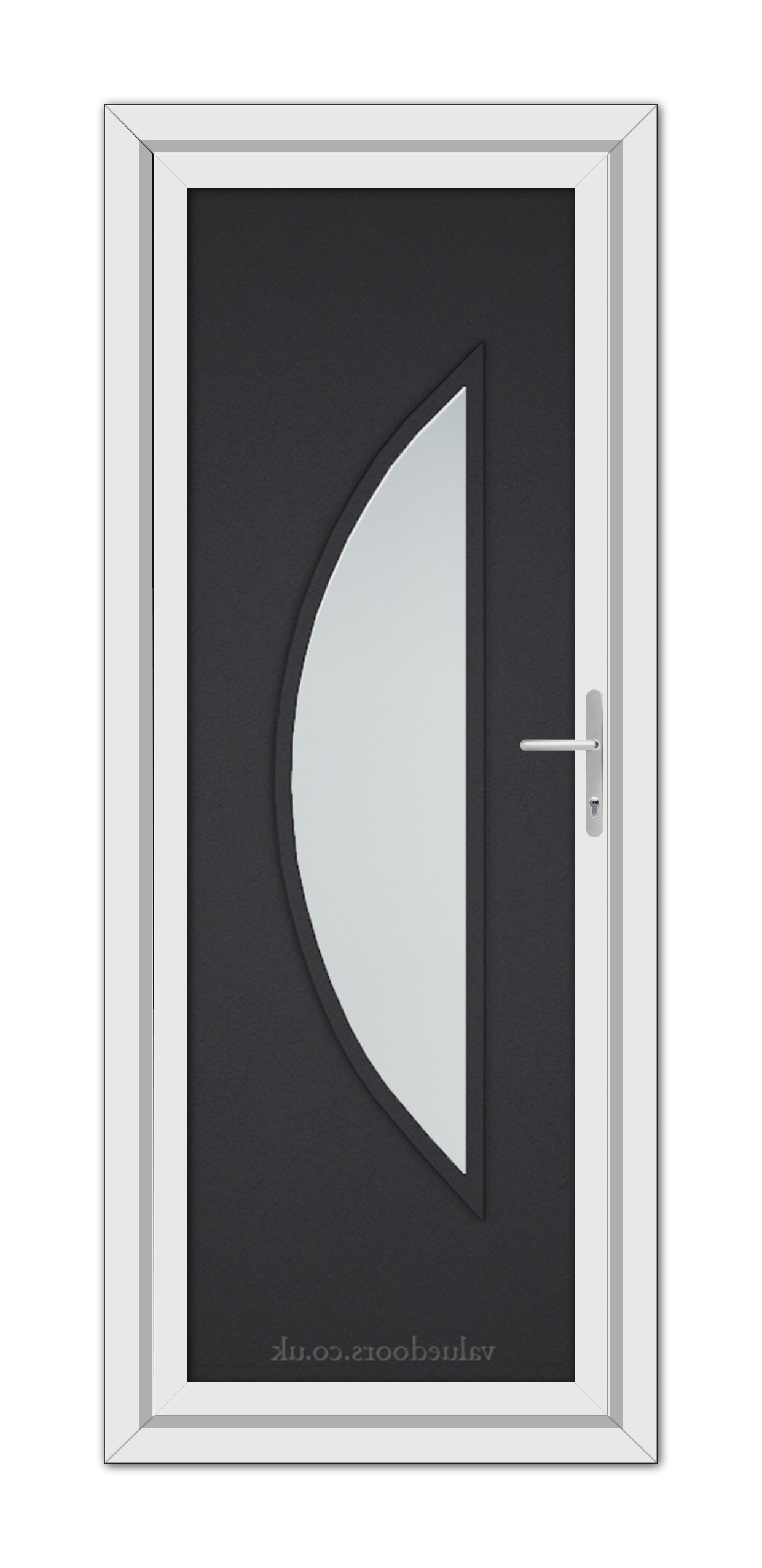 Black Brown Modern 5051 uPVC door with an asymmetrical frosted glass panel, featuring a sleek handle on the right side.