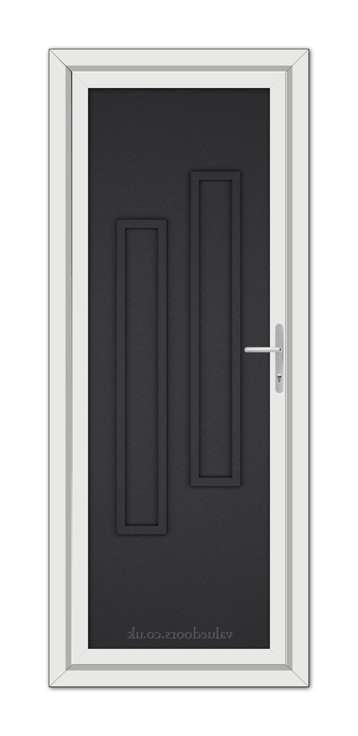 Black Brown Modern 5082 Solid uPVC Door with a white frame and a silver handle, featuring two vertical panels.