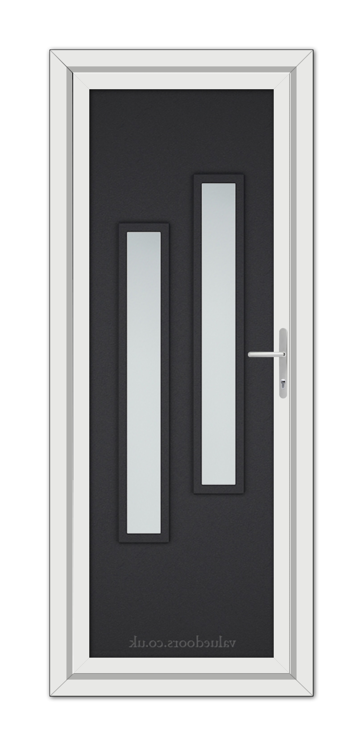 Black Brown Modern 5082 uPVC Door with a vertical handle and two narrow frosted glass panels, framed in white.