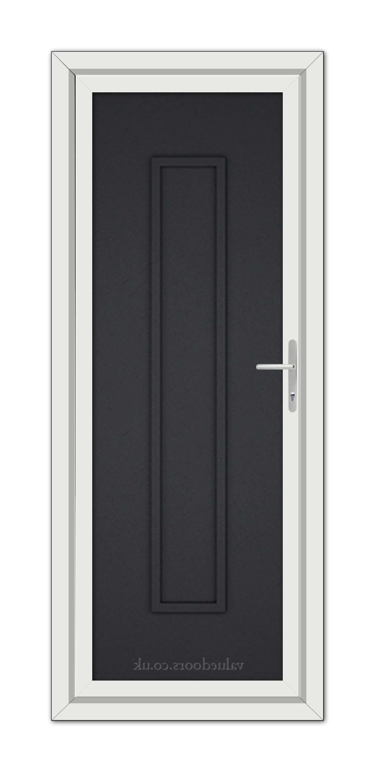 A modern, vertical, Black Brown Modern 5101 Solid uPVC door with a silver handle framed by a white door frame, all set against a white background.