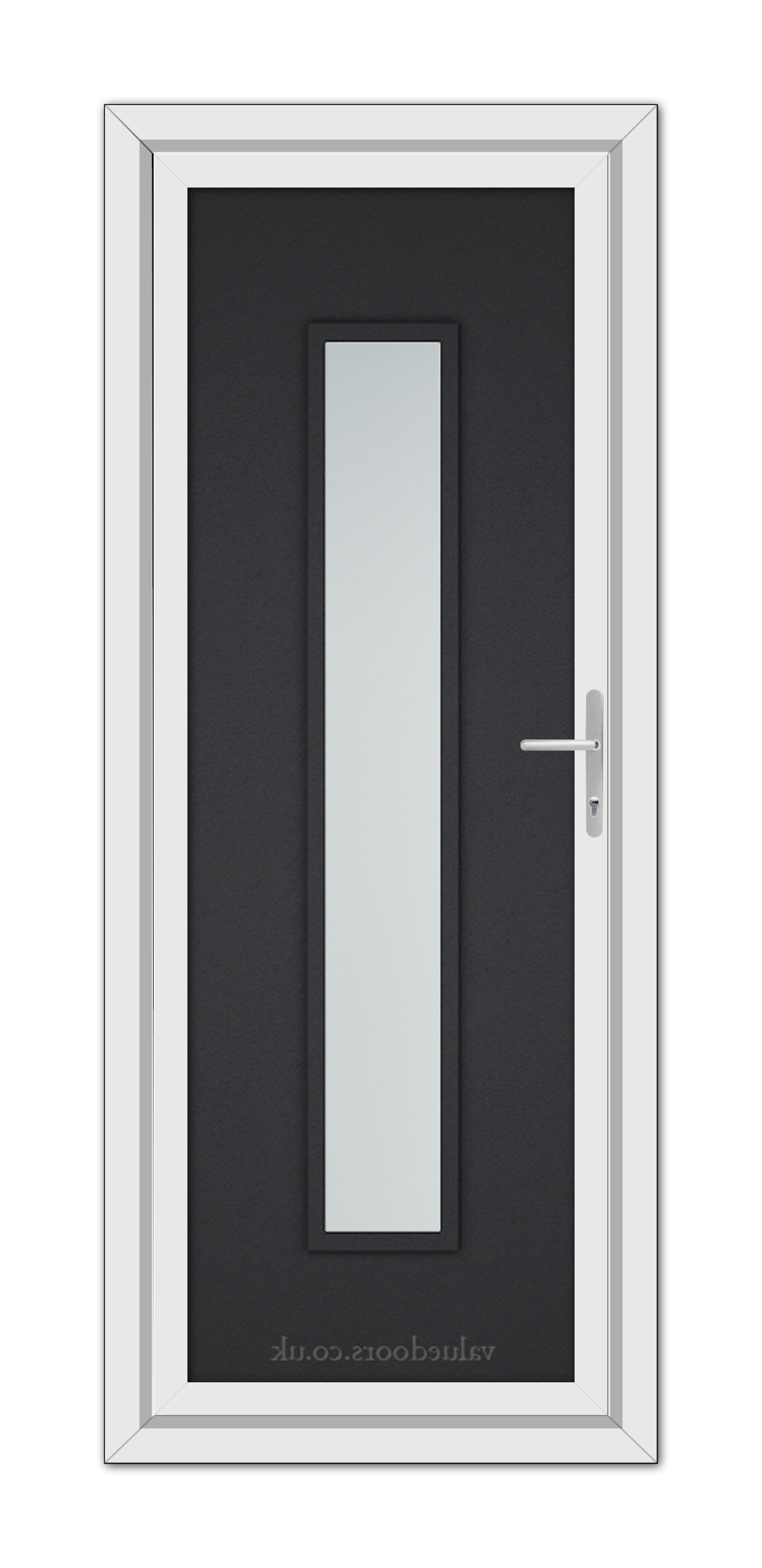 A Black Brown Modern 5101 uPVC Door with a slim glass panel, framed in white, featuring a silver handle on the right side.