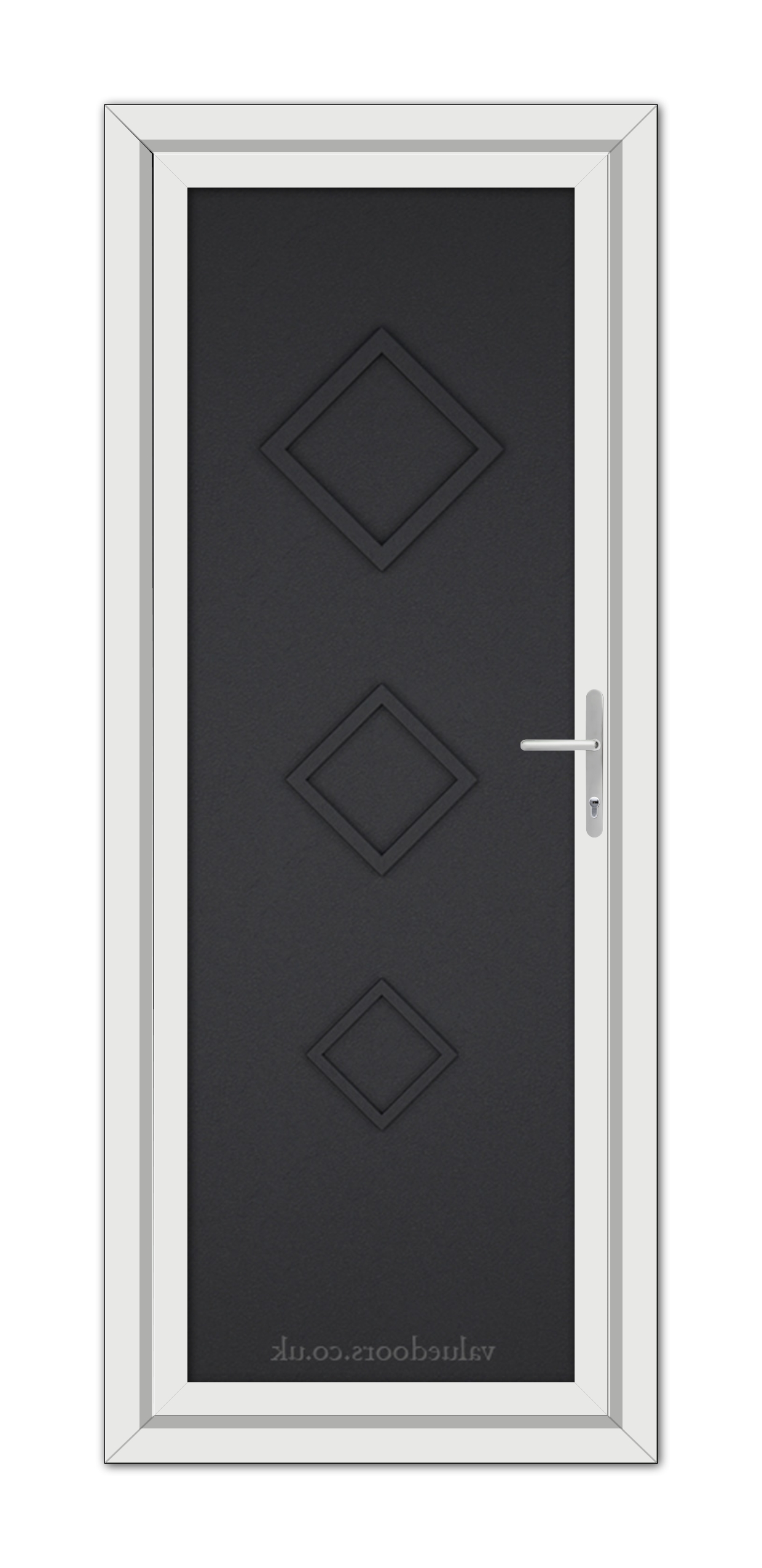 A Black Brown Modern 5123 Solid uPVC door with three diagonal panels and a metallic handle, set within a white frame.