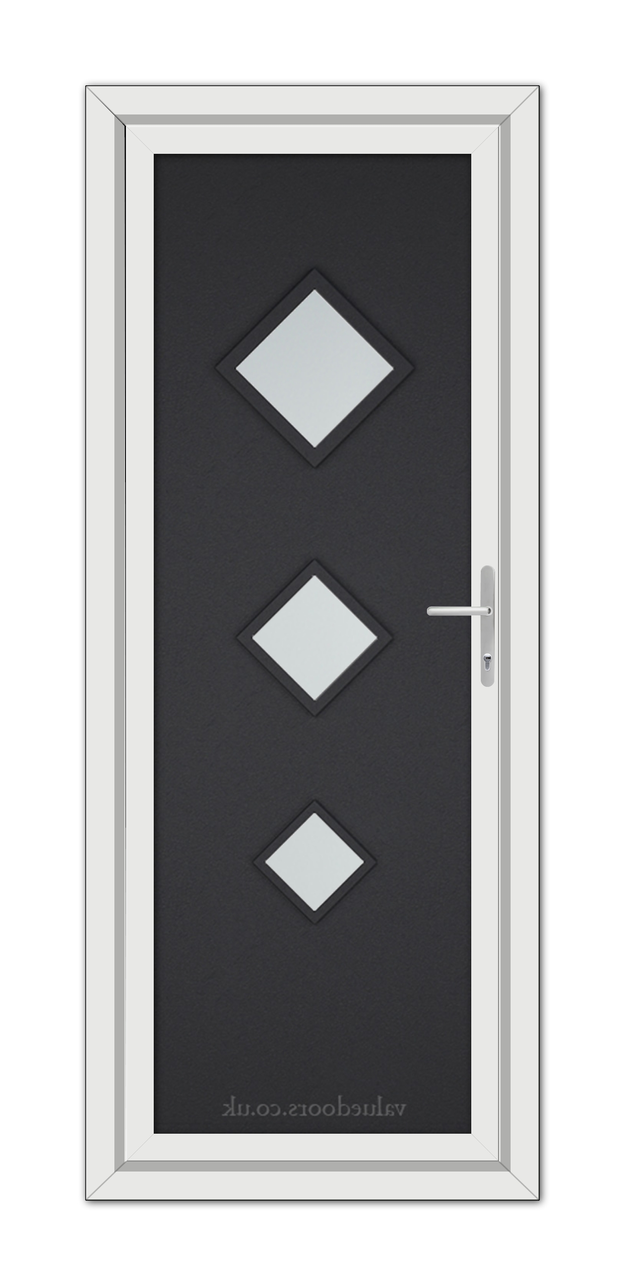 A Black Brown Modern 5123 uPVC door featuring three diamond-shaped windows and a silver handle, set within a white frame.