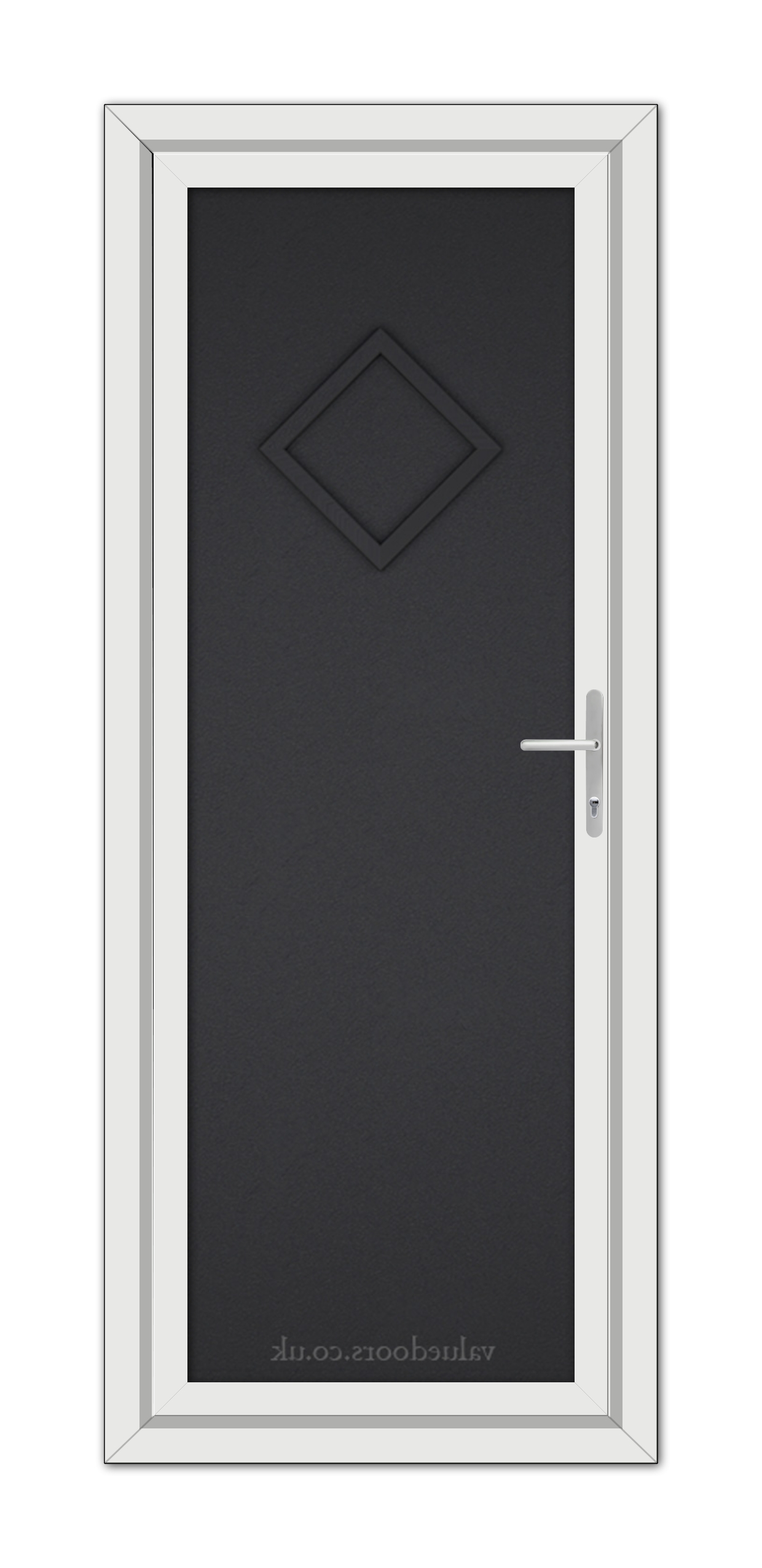 A Black Brown Modern 5131 Solid uPVC Door with a white frame, featuring a geometric diamond-shaped design and a silver handle on the right side.