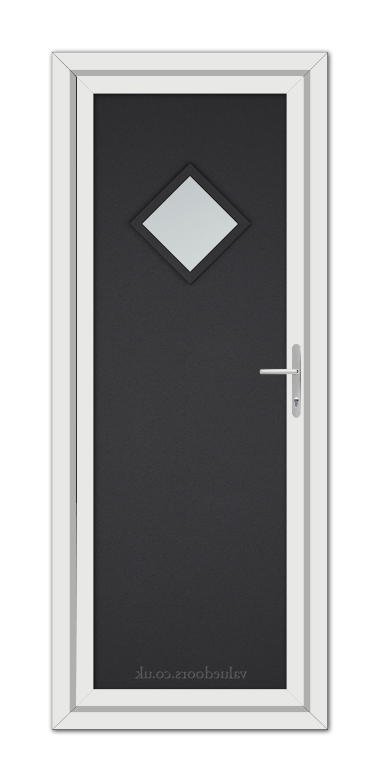 A Black Brown Modern 5131 uPVC door with a white frame, vertical handle on the right, and a small diamond-shaped window near the top.