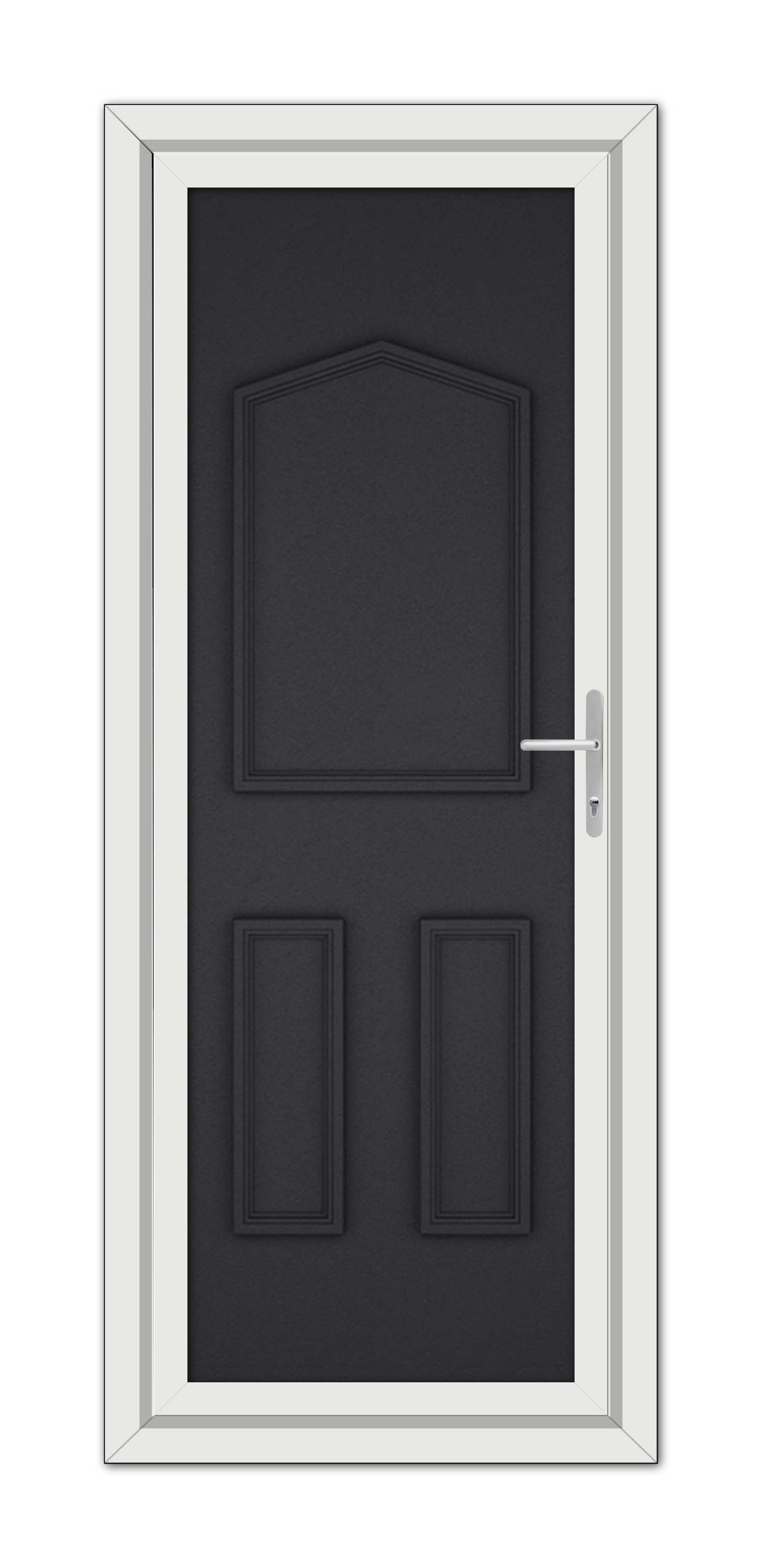 A modern Black Brown Oxford Solid uPVC door with three panels, featuring a silver handle, set within a white door frame.