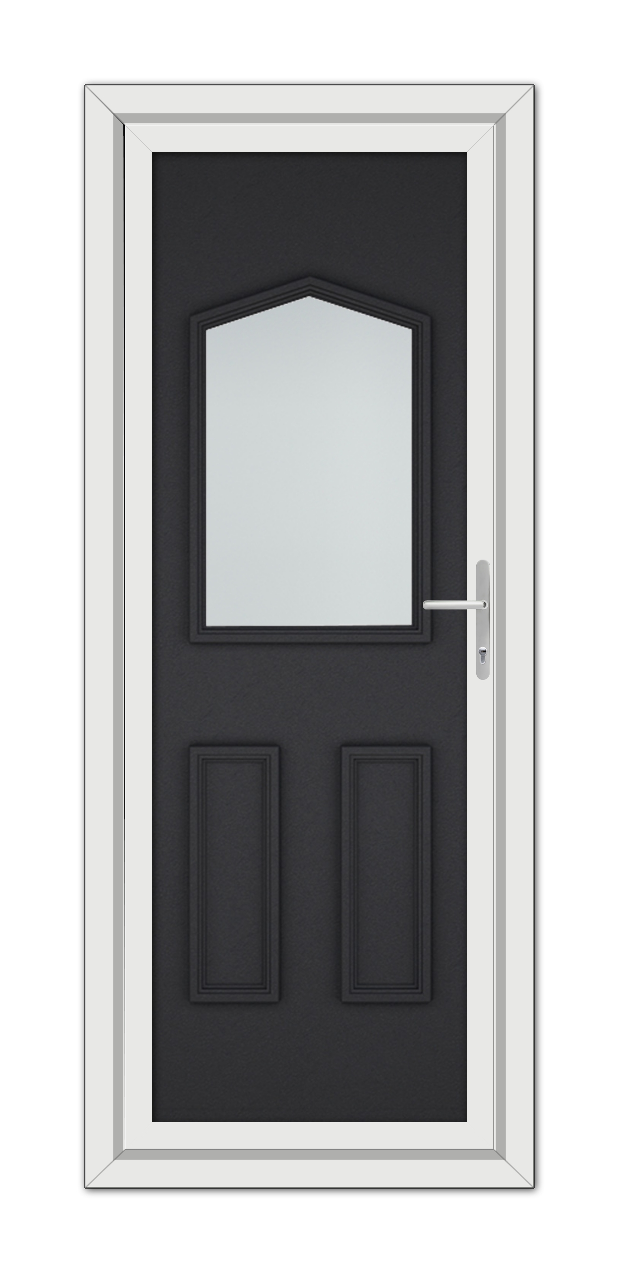 A modern Black Brown Oxford uPVC Door with a top arched window, two recessed panels, and a silver handle, framed by white trim.
