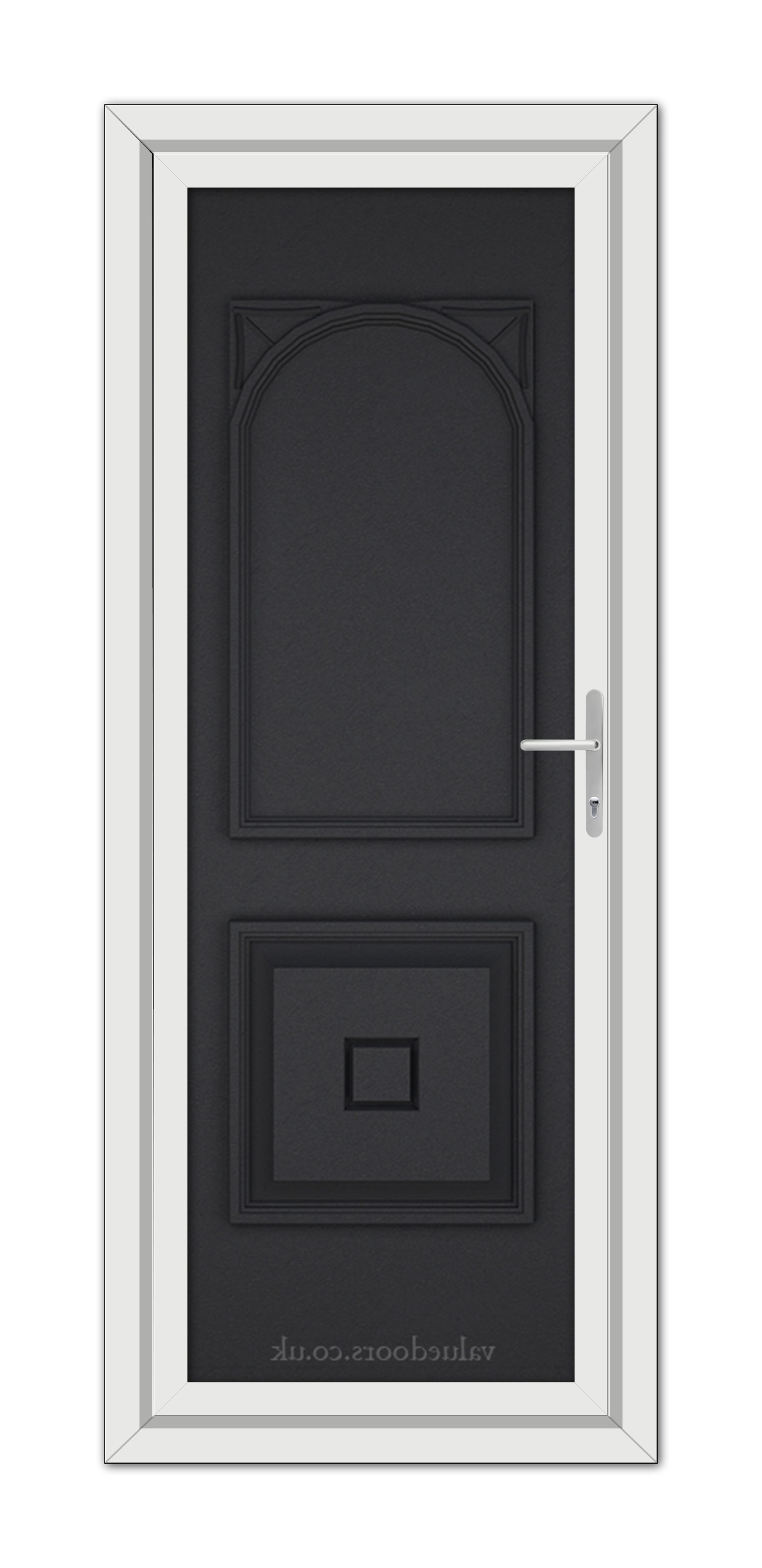 A vertical image of a closed, Dark Reims Solid uPVC Door with a silver handle, set within a white frame, viewed from the front.