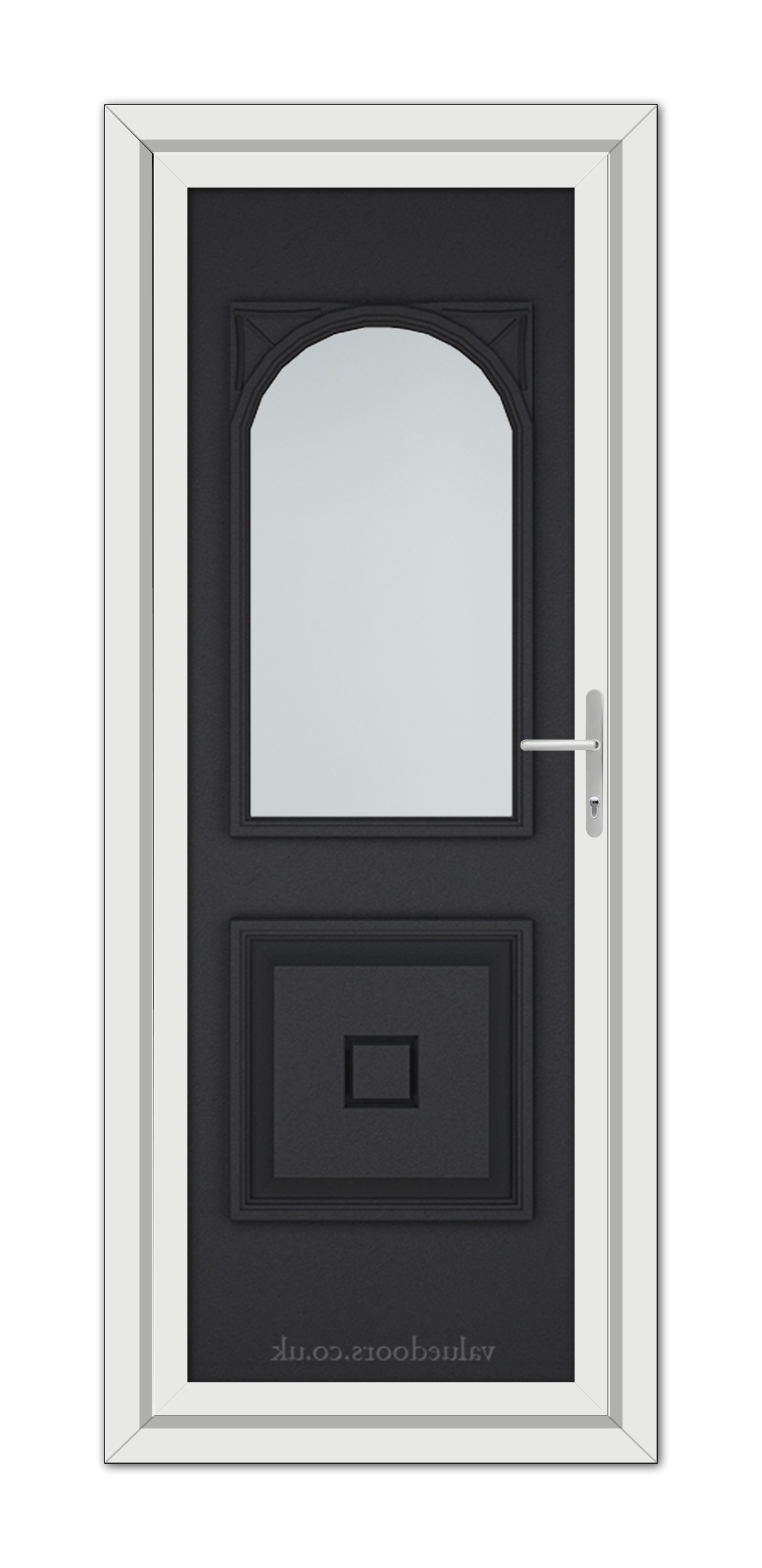 A modern Black Brown Reims uPVC Door with a vertical oval glass panel and silver handle set in a white frame.