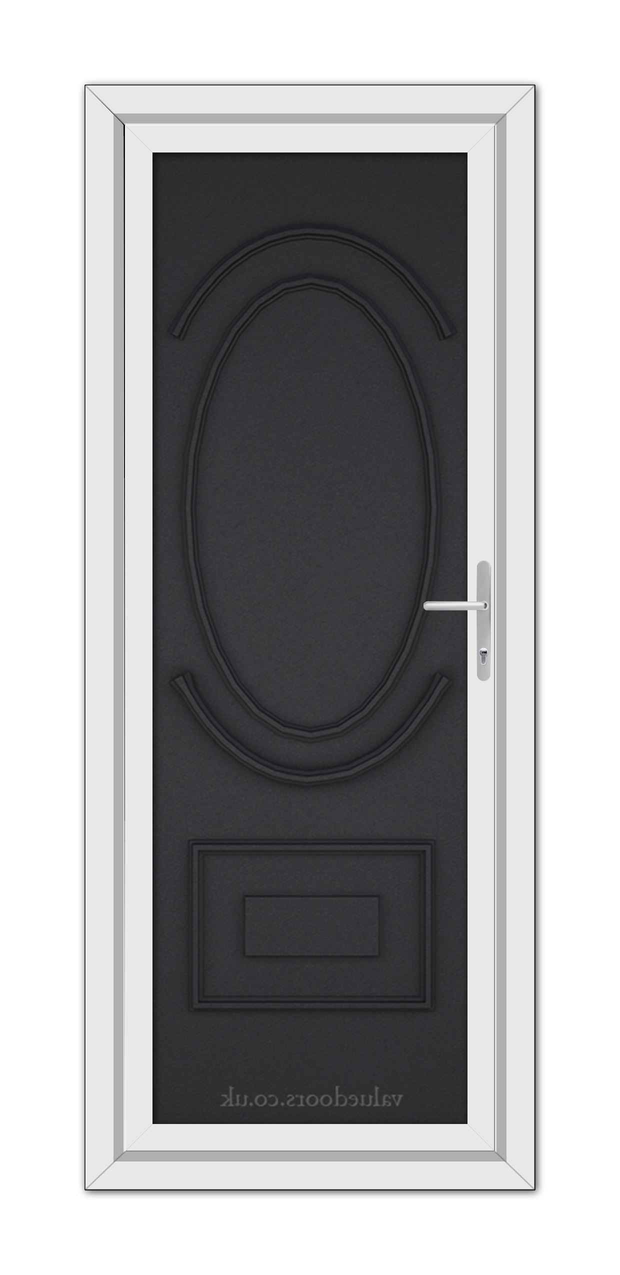 A modern Black Brown Richmond Solid uPVC door with an oval window and silver handle set within a white frame, viewed from the front.