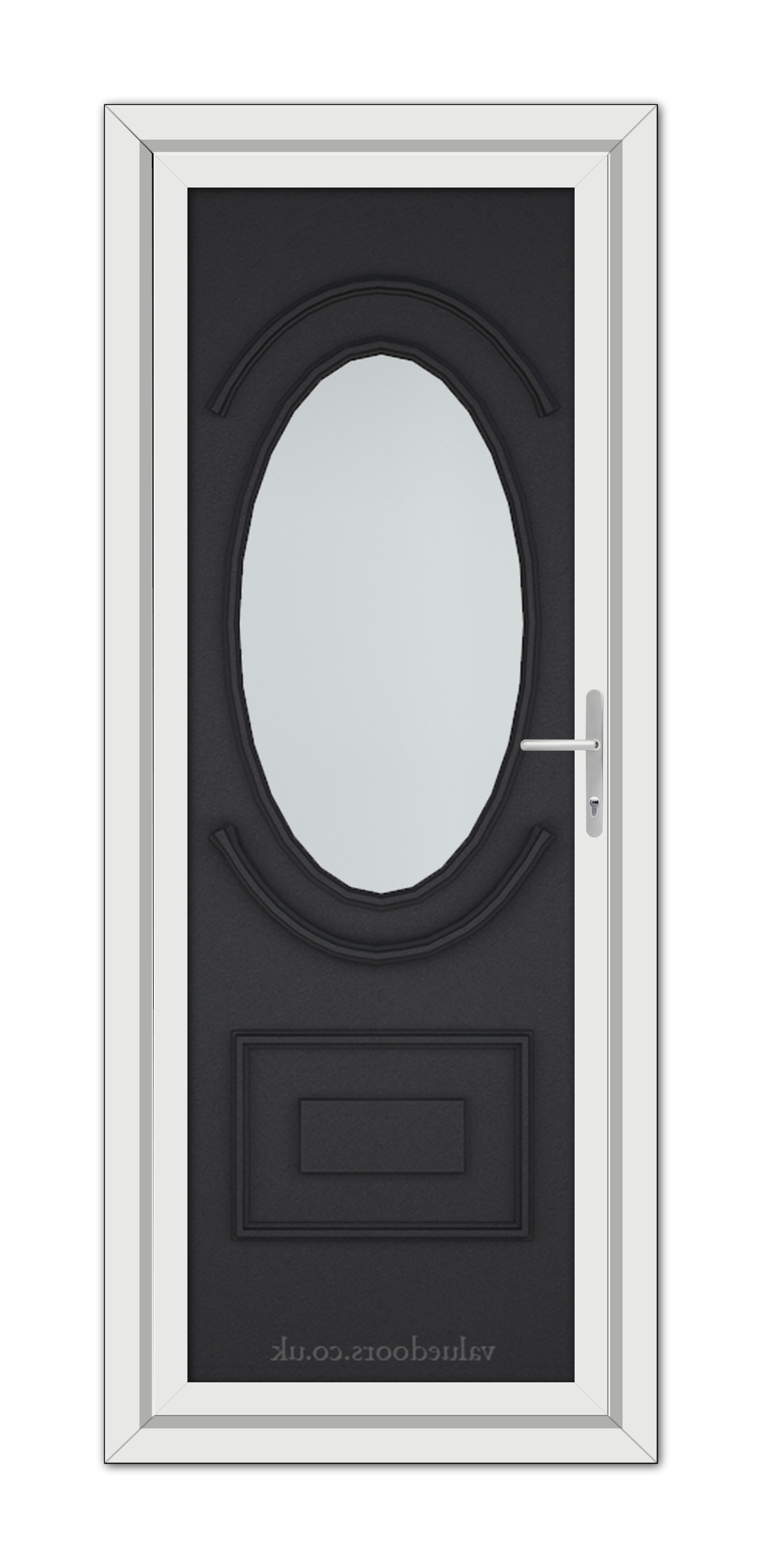 A modern, Black Brown Richmond uPVC door with an oval glass window and a rectangular panel below framed in white. the door handle is on the right side.
