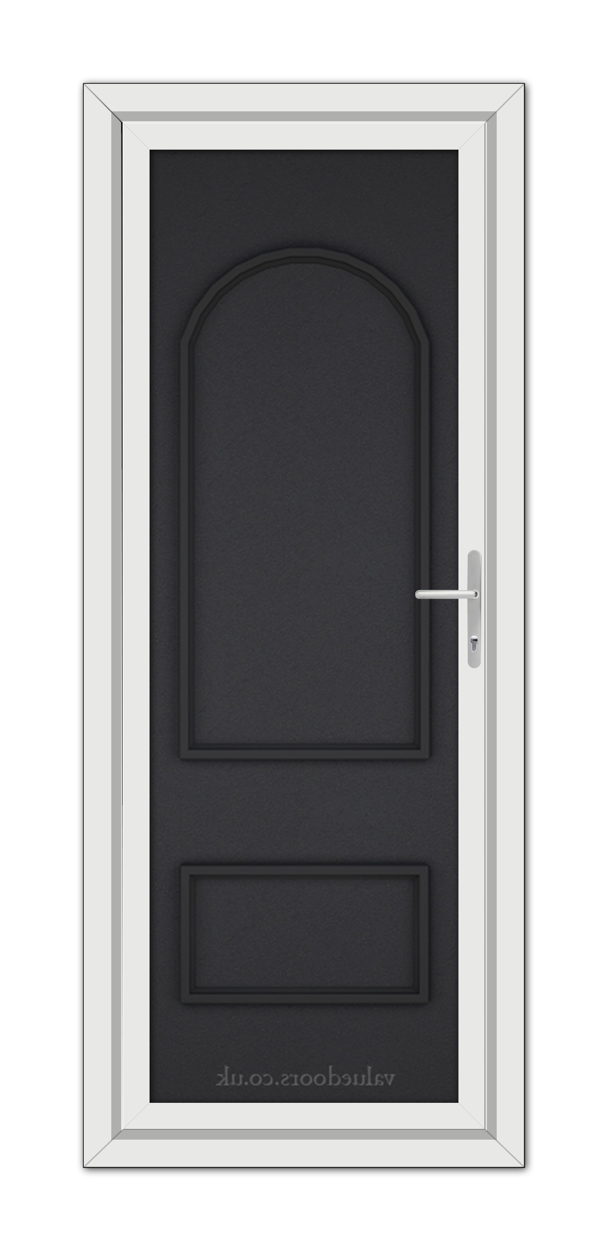A modern Black Brown Rockingham Solid uPVC door with a silver handle, set within a white door frame, viewed from the front.
