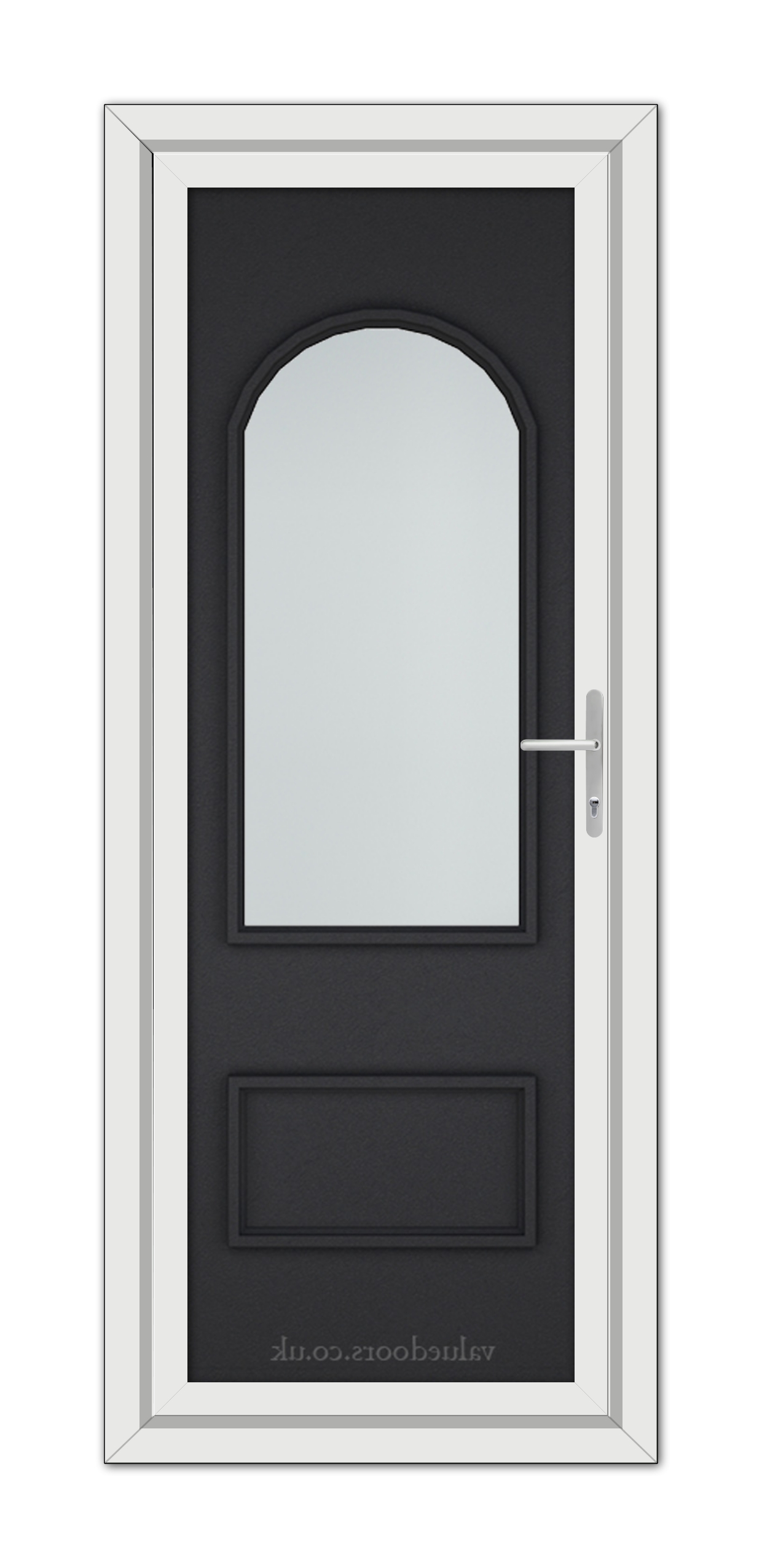 A Black Brown Rockingham uPVC door with a oval glass window near the top and a metallic handle, framed in white.