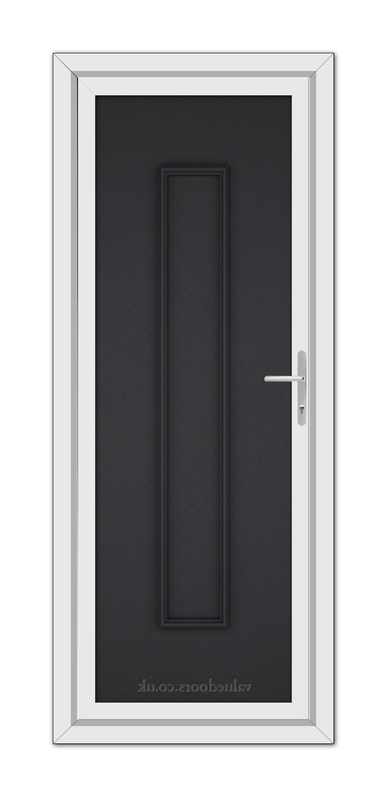 A modern Black Brown Rome Solid uPVC Door with a vertical handle, set within a white frame, viewed from the front.