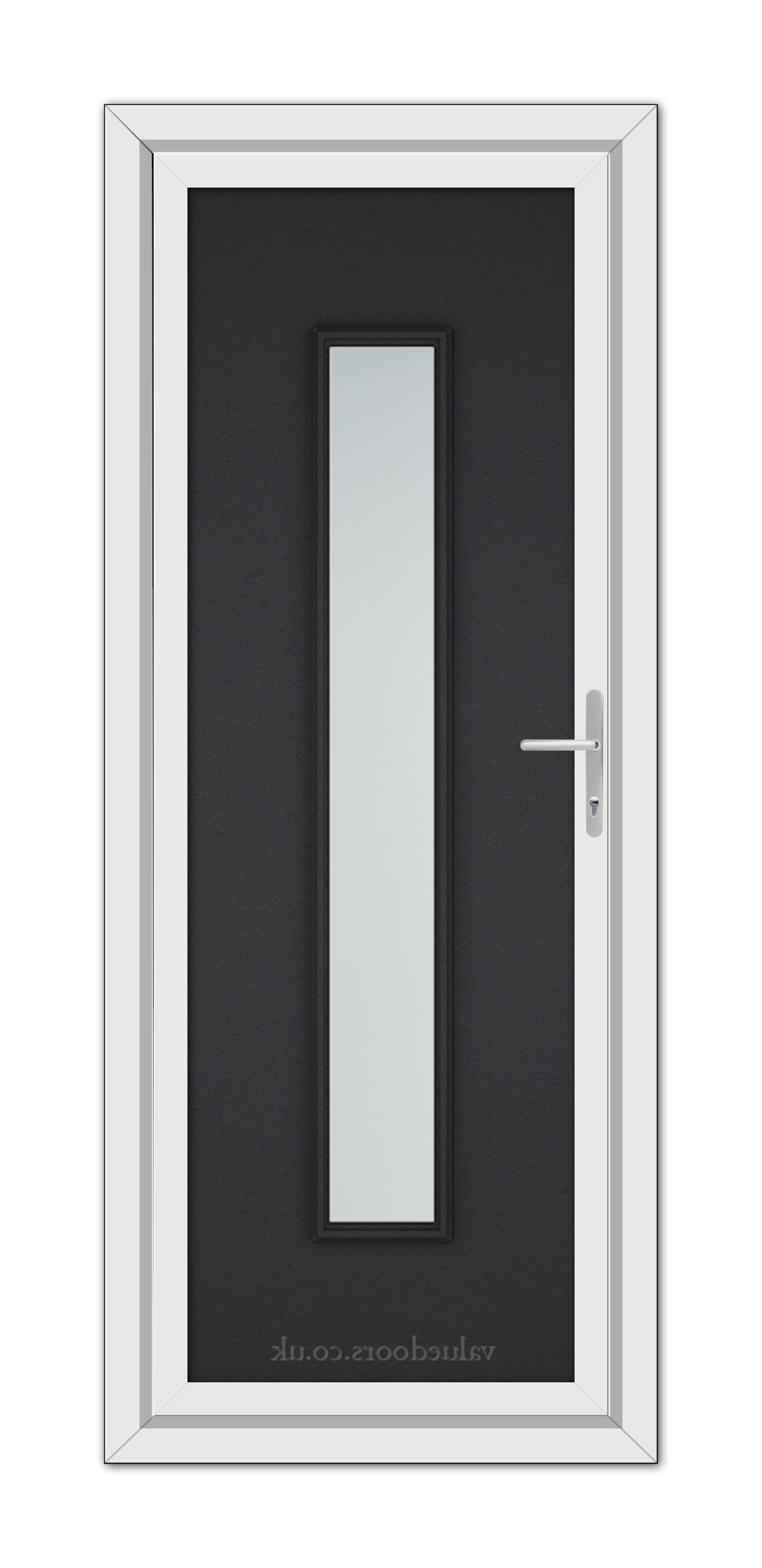 A modern Black Brown Rome uPVC door with a vertical glass panel, framed in white, featuring a silver handle on the right side.