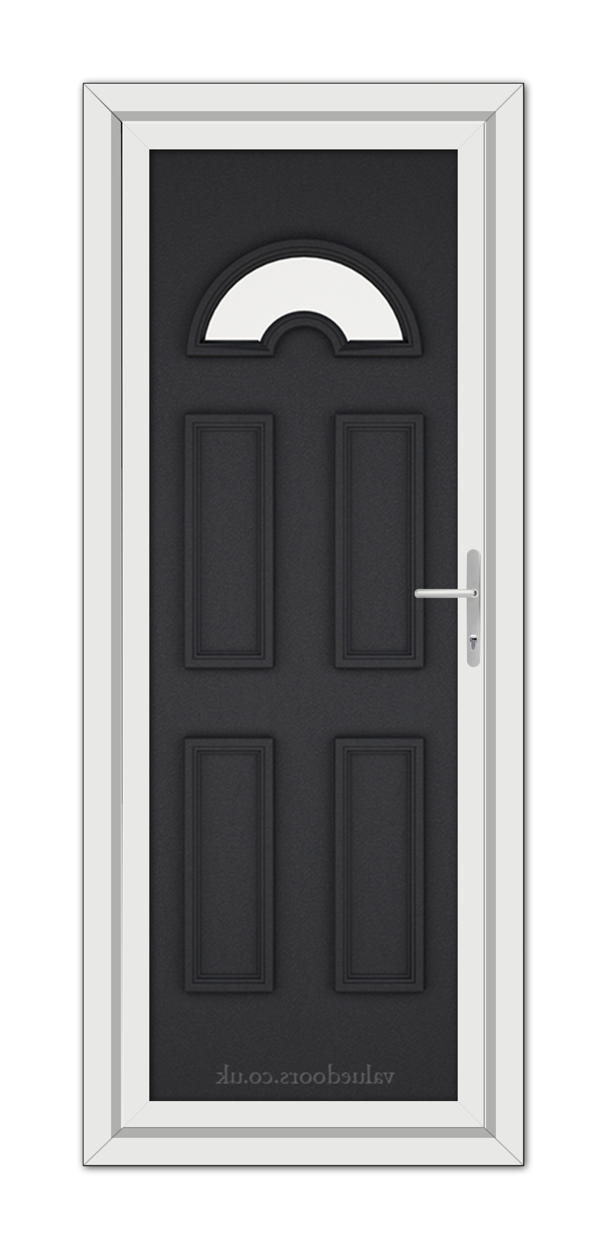 A modern Black Brown Sandringham Solid uPVC Door with six panels and a semicircle window at the top, framed in white, featuring a metallic handle on the right side.