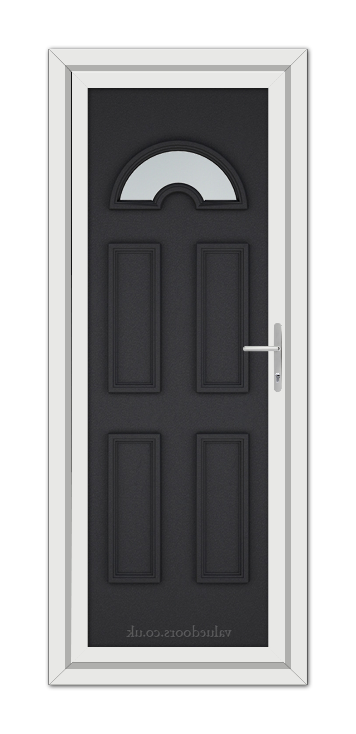 Vertical image of a Black Brown Sandringham uPVC Door, featuring a dark gray color with a semicircular window at the top and a silver handle on the right side.
