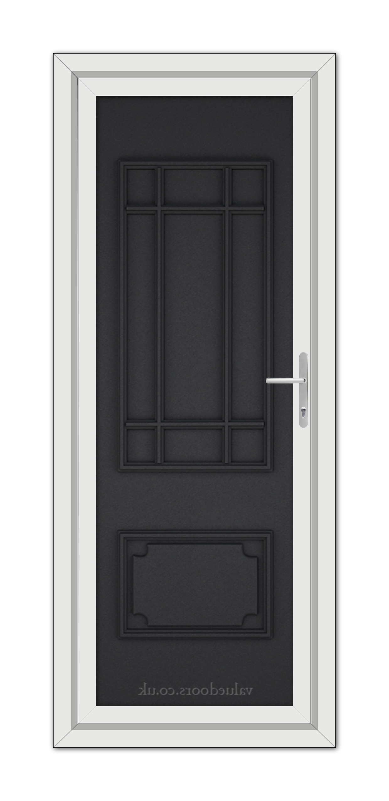 A modern Black Brown Seville Solid uPVC door with multiple panels and a silver handle, framed within a white door frame.