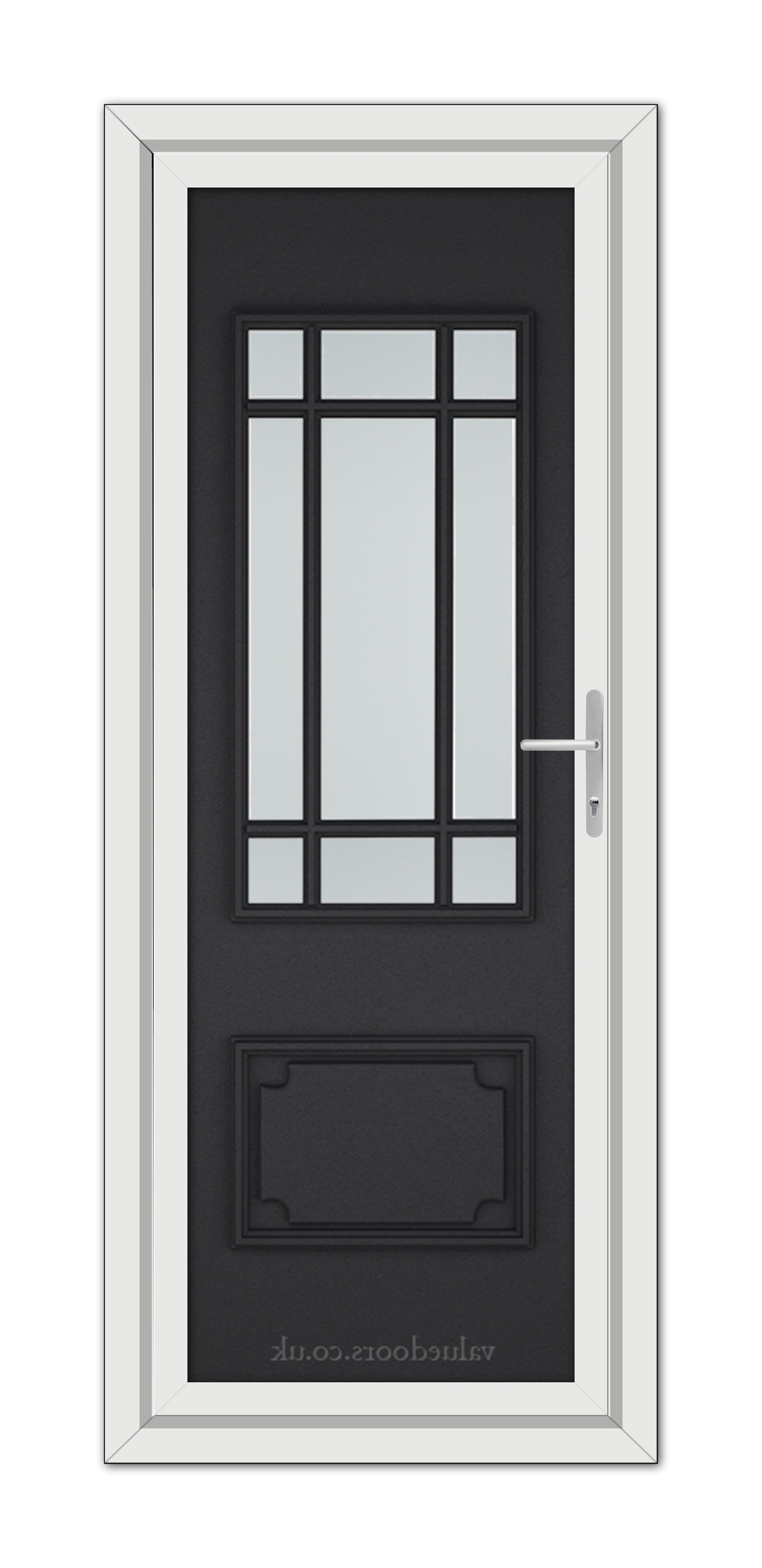 A modern Black Brown Seville uPVC Door with a rectangular glass window featuring white grid lines, framed in white, with a silver handle on the right.