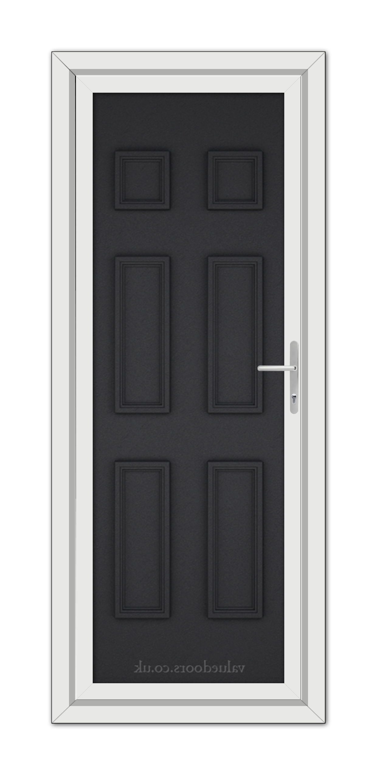 A modern Black Brown Windsor Solid uPVC door with six panels and a silver handle, set in a white door frame.