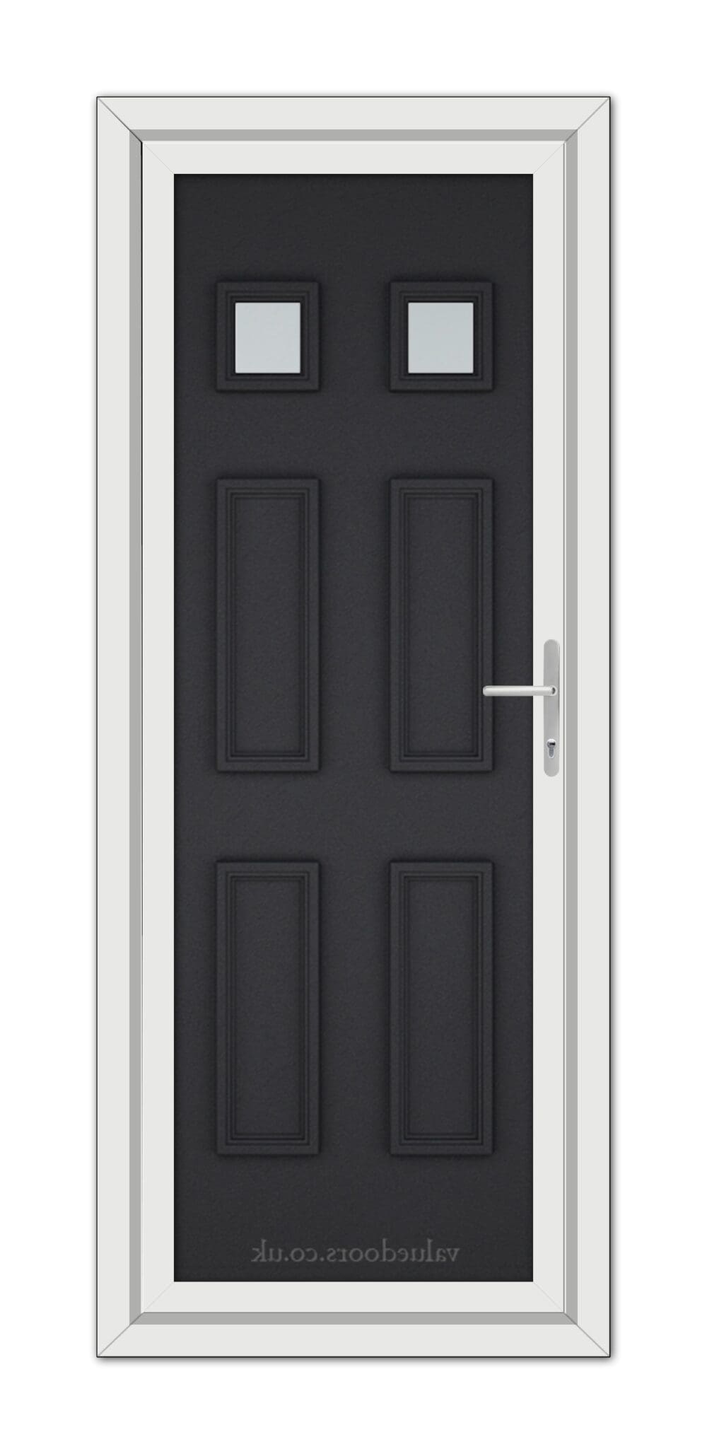 A modern Black Brown Windsor uPVC Door with two small square windows near the top, set within a white door frame.