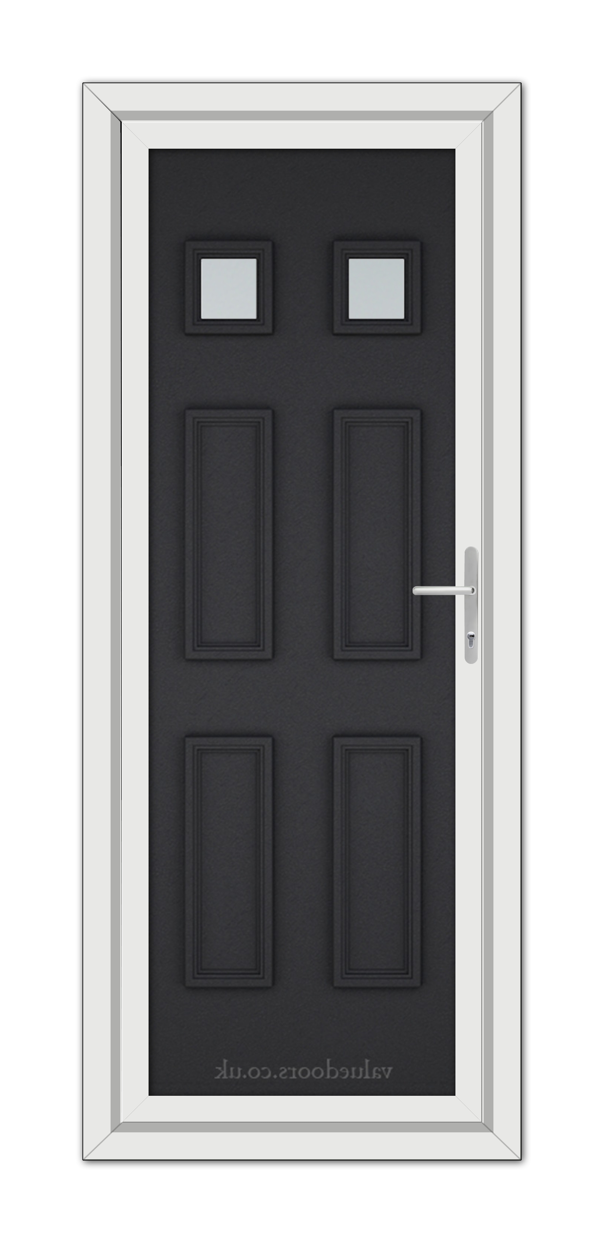 A modern Black Brown Windsor uPVC Door with two small square windows near the top, set within a white door frame.