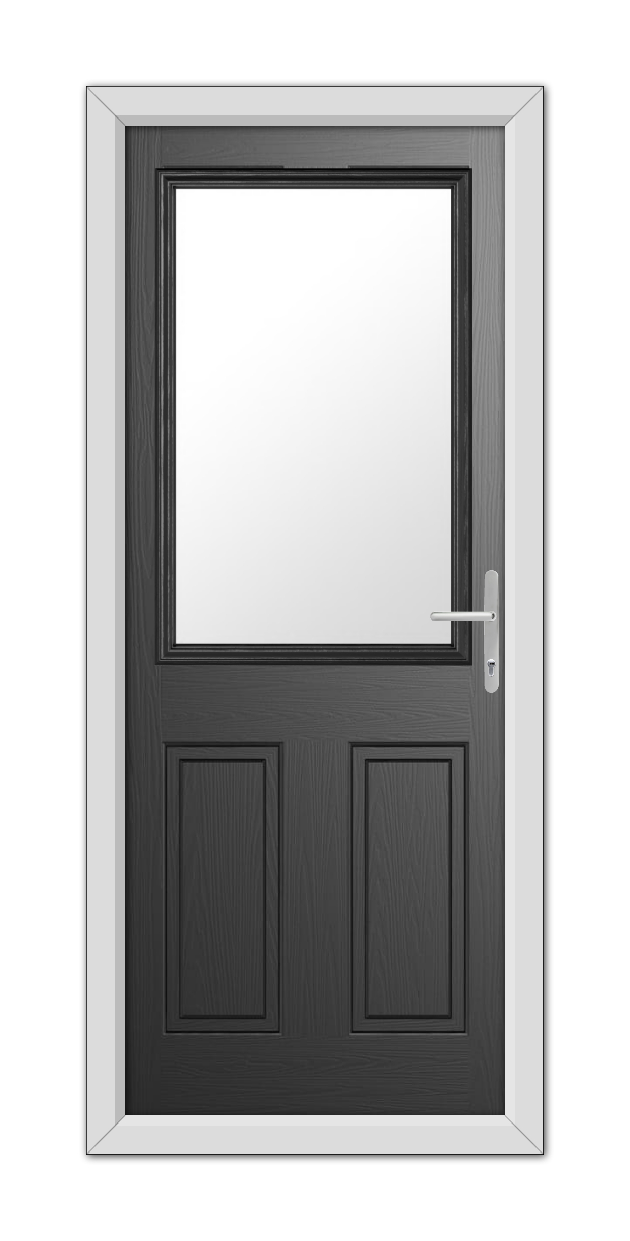 Front view of a closed Black Buxton Composite Door 48mm Timber Core with a large rectangular glass panel at the top, set in a white frame.