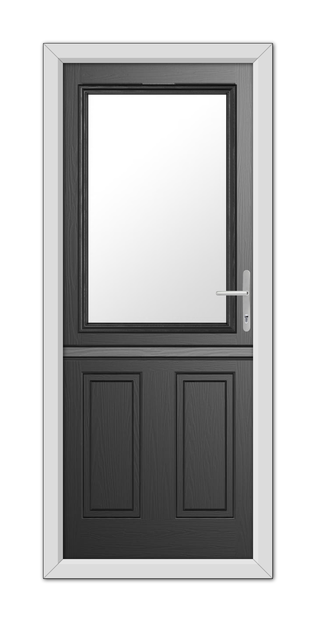 A modern Black Buxton Stable Composite Door 48mm Timber Core with a window on the upper half, set in a white frame, featuring a metal handle on the right side.
