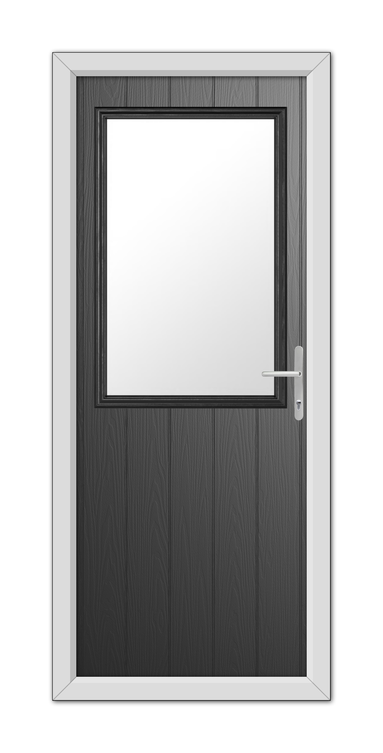 Modern Black Clifton Composite Door 48mm Timber Core with a window, fitted in a white frame, featuring a sleek metal handle on the right.